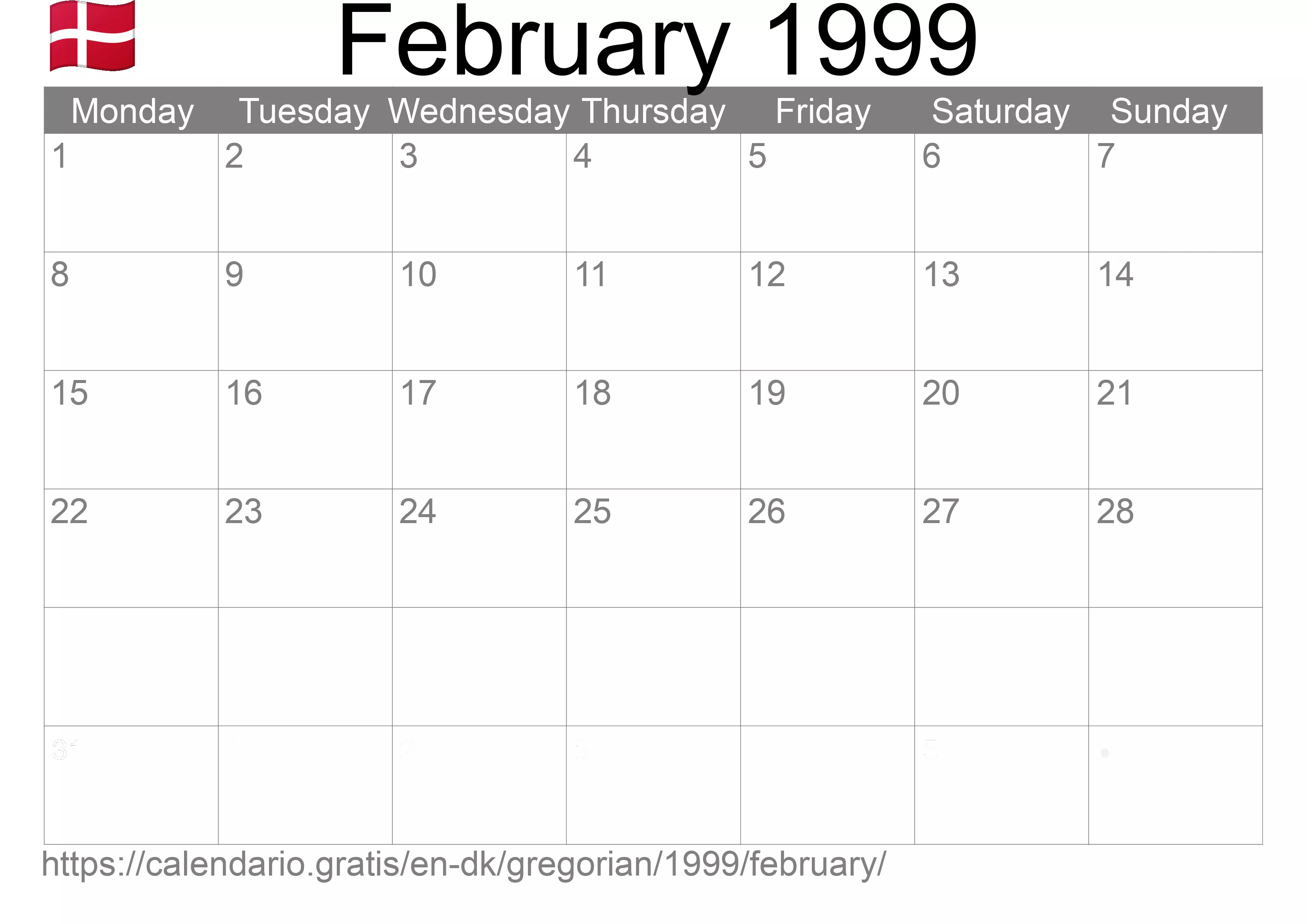 Calendar February 1999 to print (Denmark) Calendar February 1999 to print (Denmark)