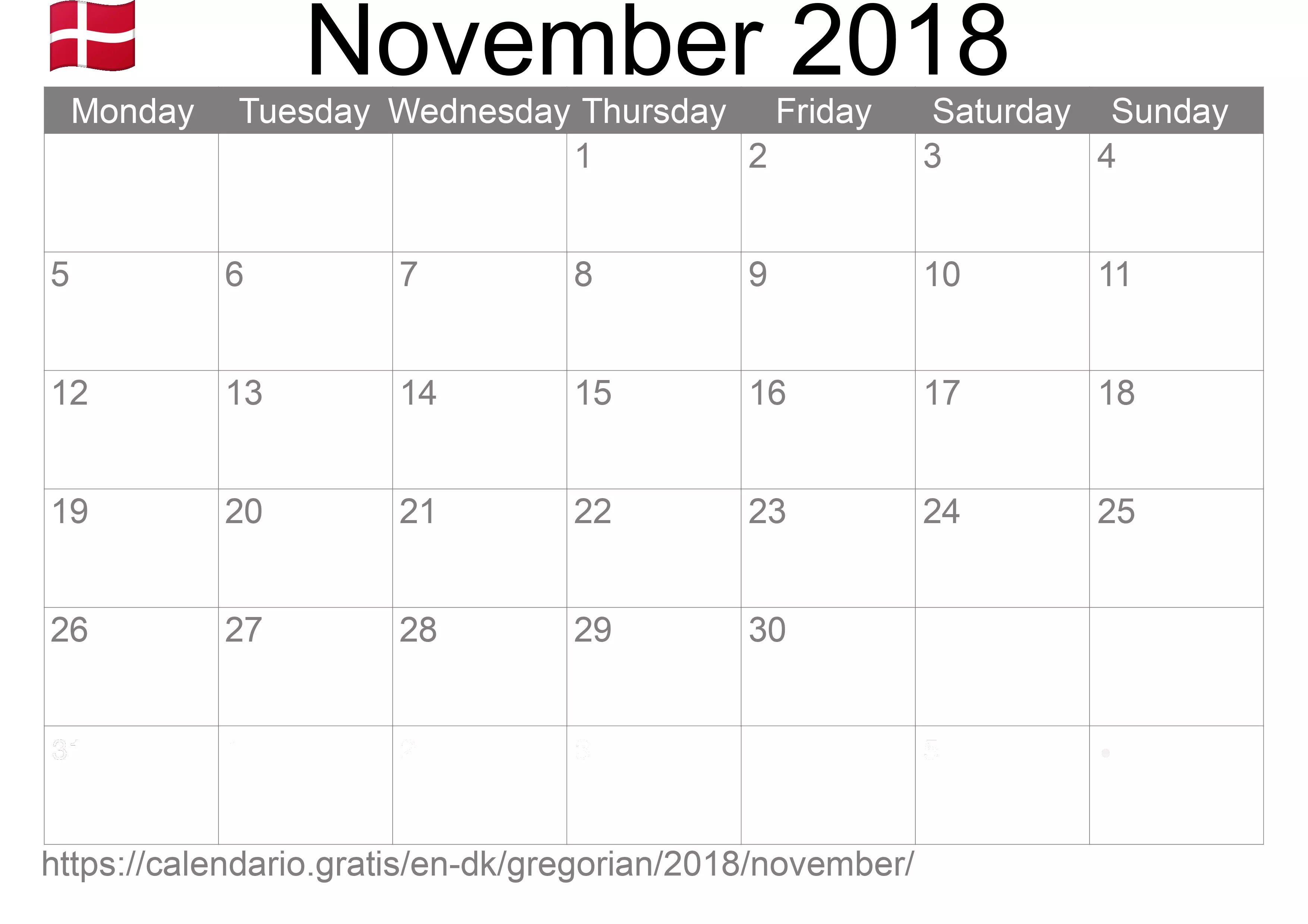 Calendar November 2018 to print (Denmark)