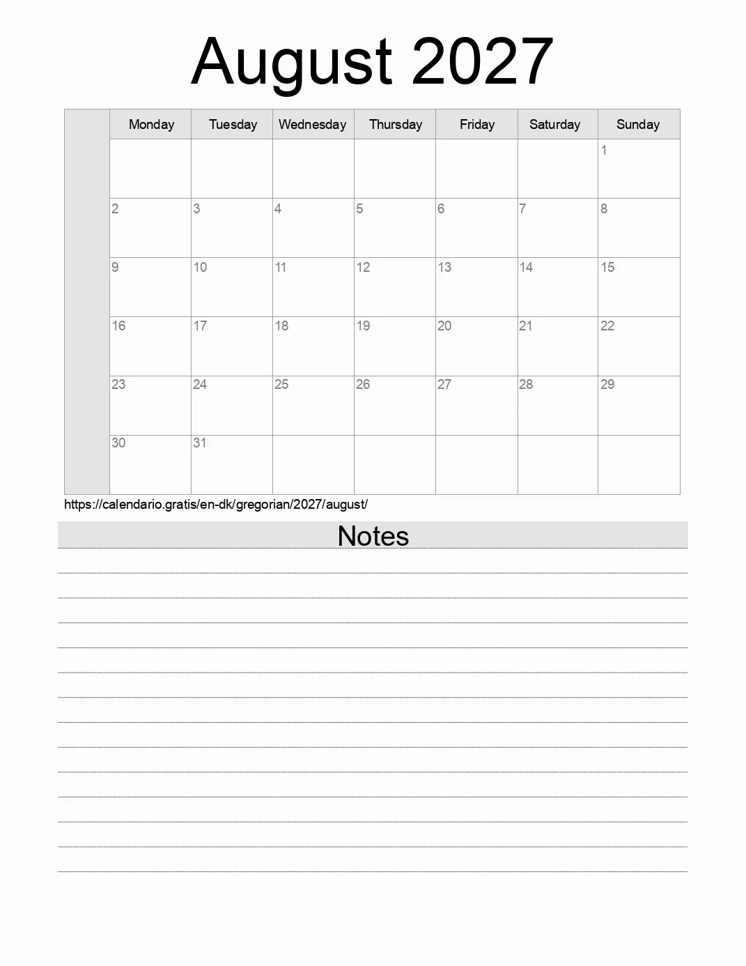 Calendar for printing with notes for 2027 August . (Denmark) Calendar for printing with notes for 2027 August . (Denmark)