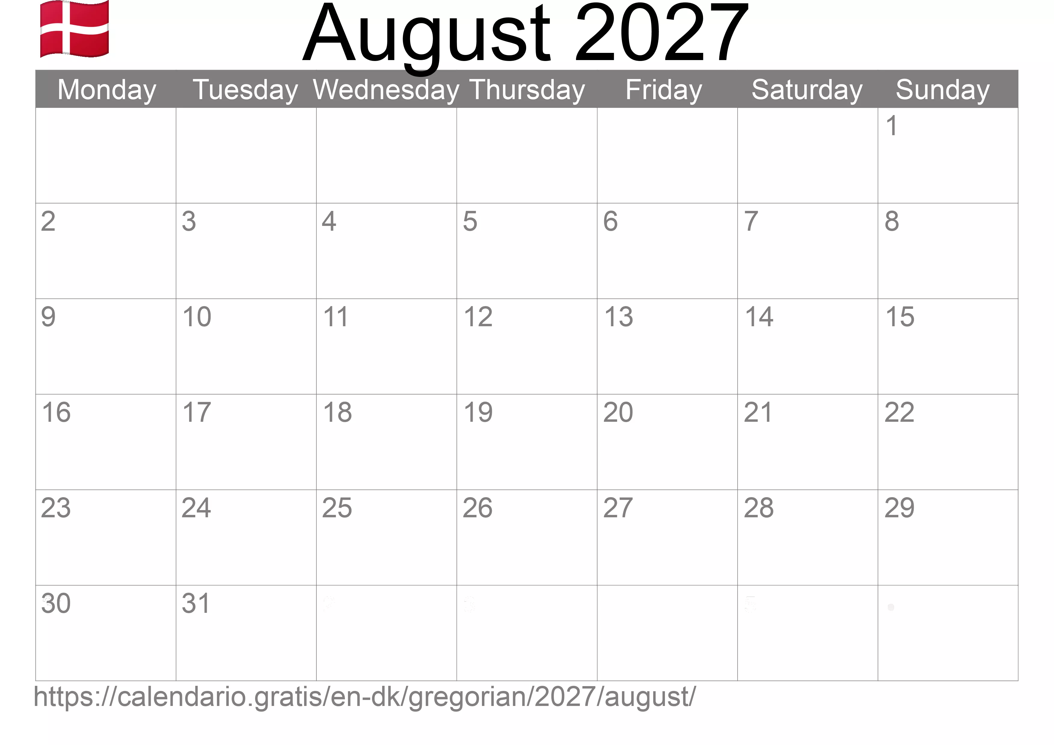 Calendar August 2027 to print (Denmark) Calendar August 2027 to print (Denmark)