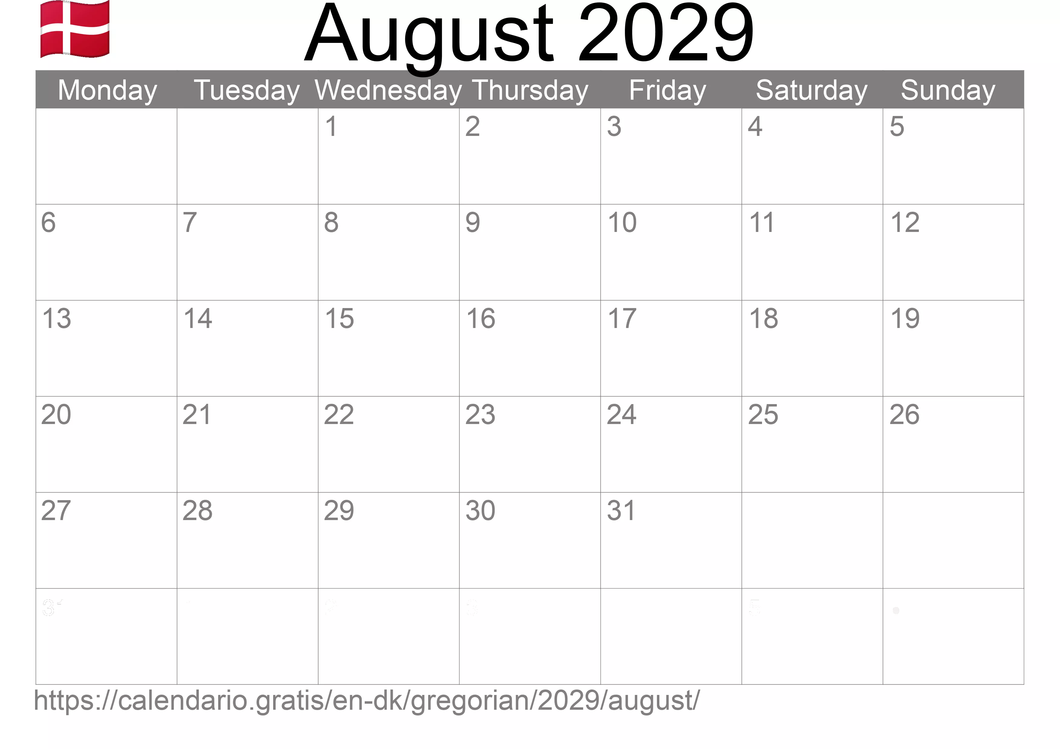 Calendar August 2029 to print (Denmark) Calendar August 2029 to print (Denmark)