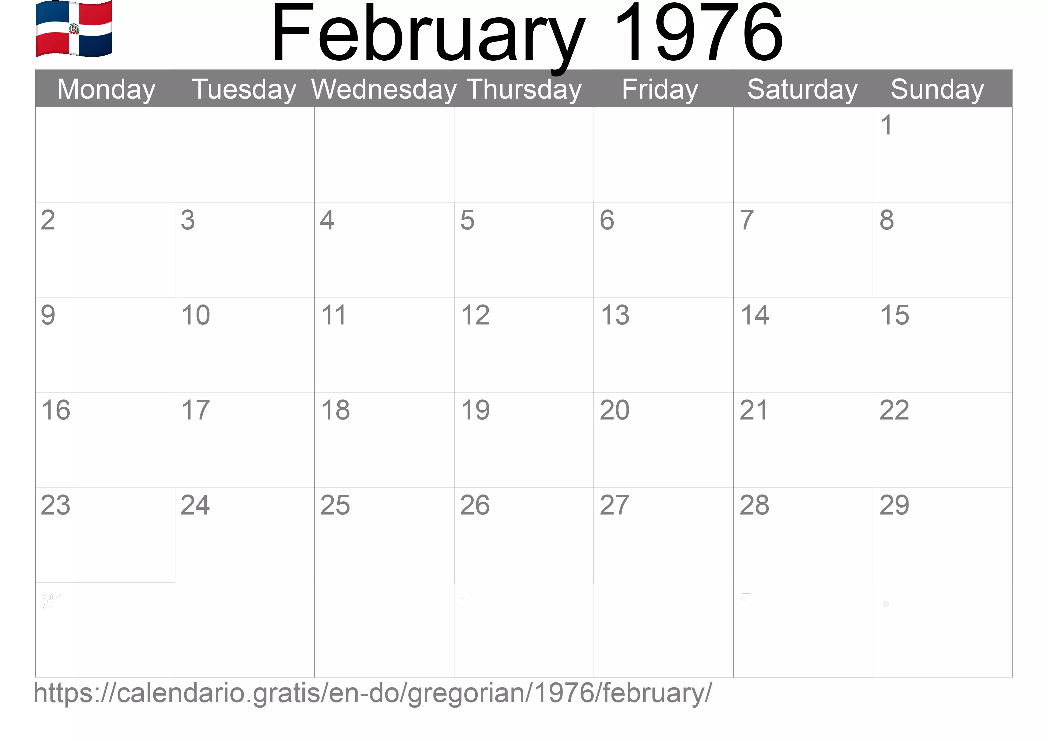 Calendar February 1976 to print (Dominican Republic) Calendar February 1976 to print (Dominican Republic)