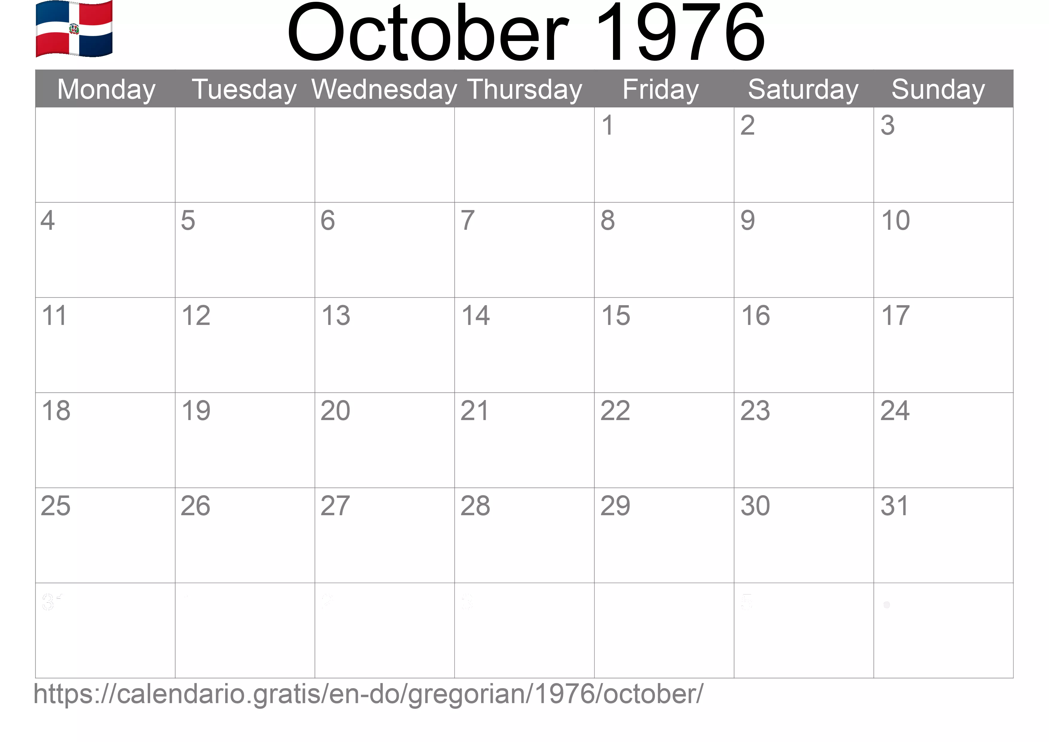Calendar October 1976 to print (Dominican Republic) Calendar October 1976 to print (Dominican Republic)