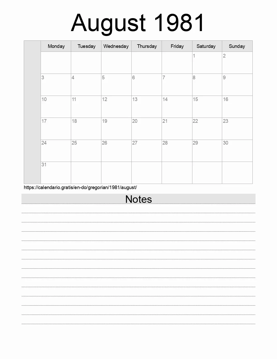 Calendar for printing with notes for 1981 August . (Dominican Republic) Calendar for printing with notes for 1981 August . (Dominican Republic)