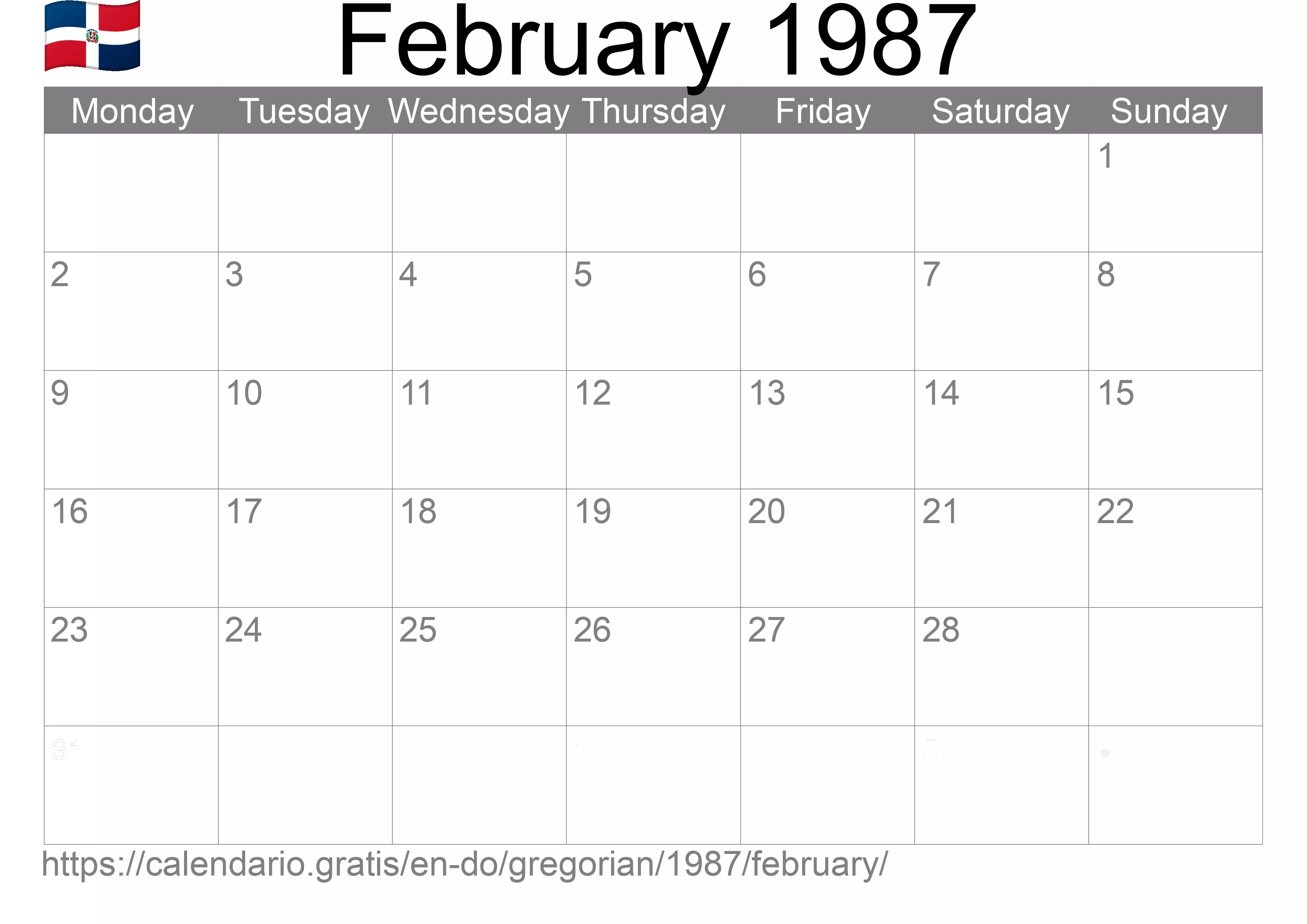 Calendar February 1987 to print (Dominican Republic) Calendar February 1987 to print (Dominican Republic)