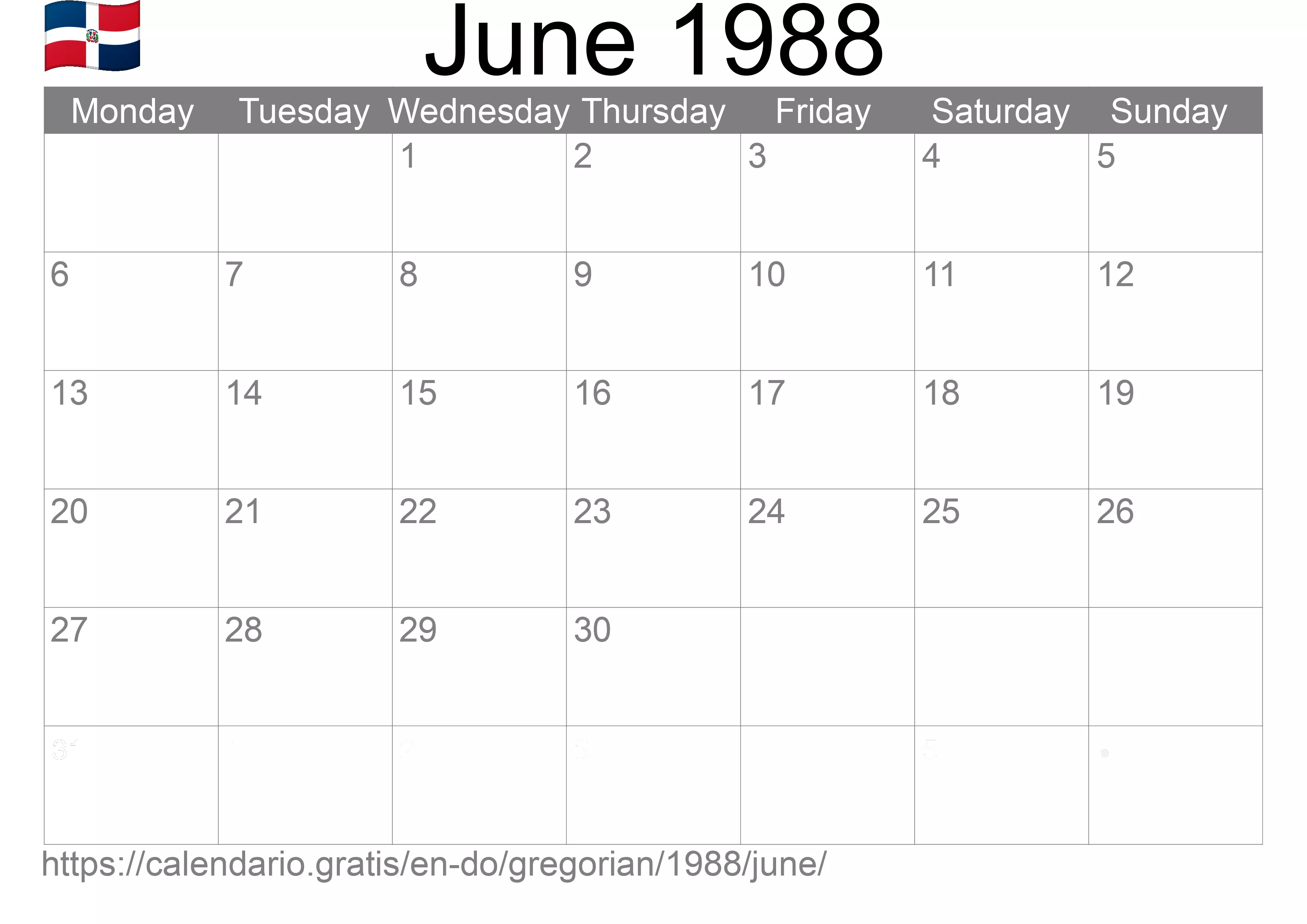 Calendar June 1988 to print (Dominican Republic) Calendar June 1988 to print (Dominican Republic)