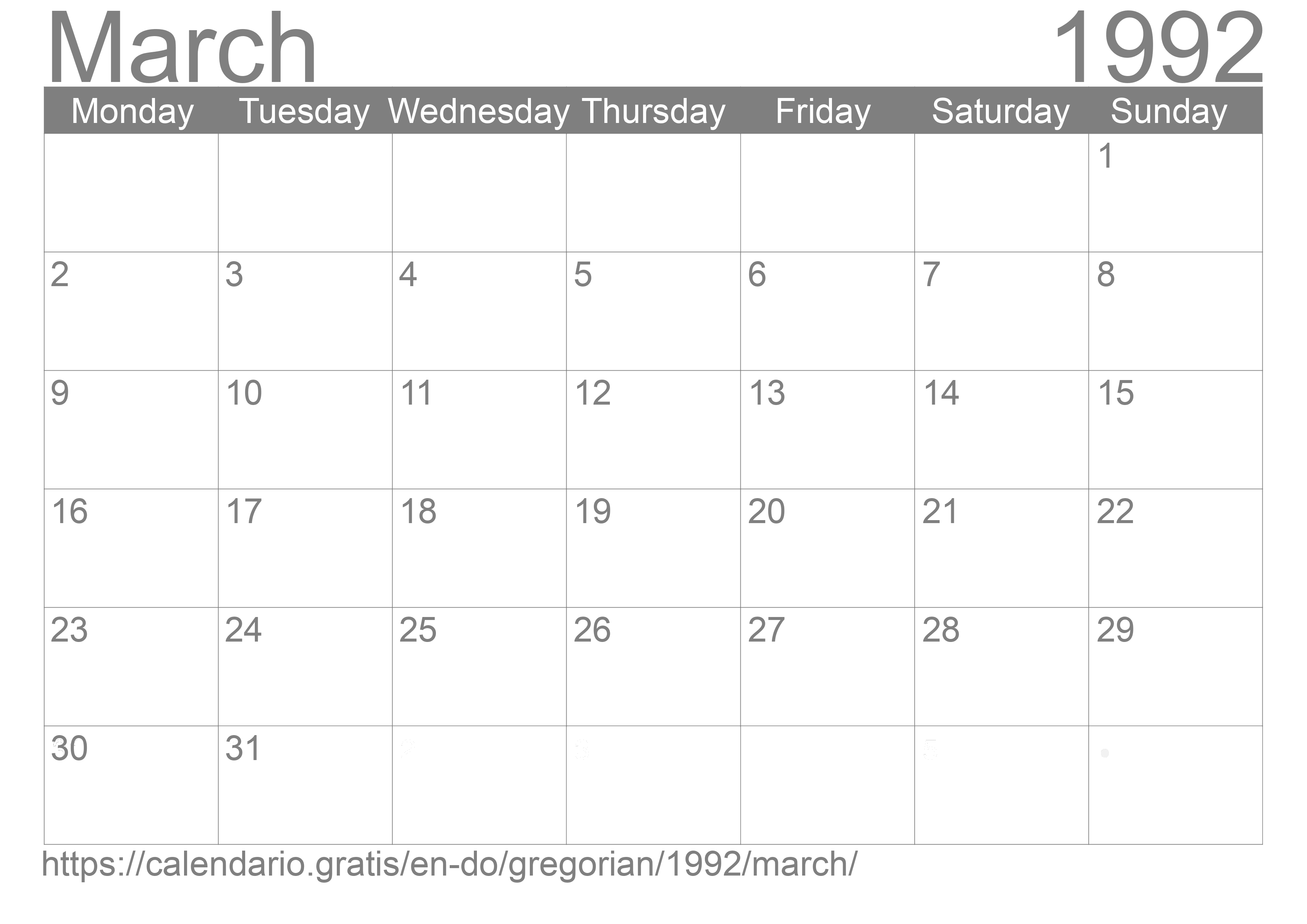 Calendar March 1992 to print