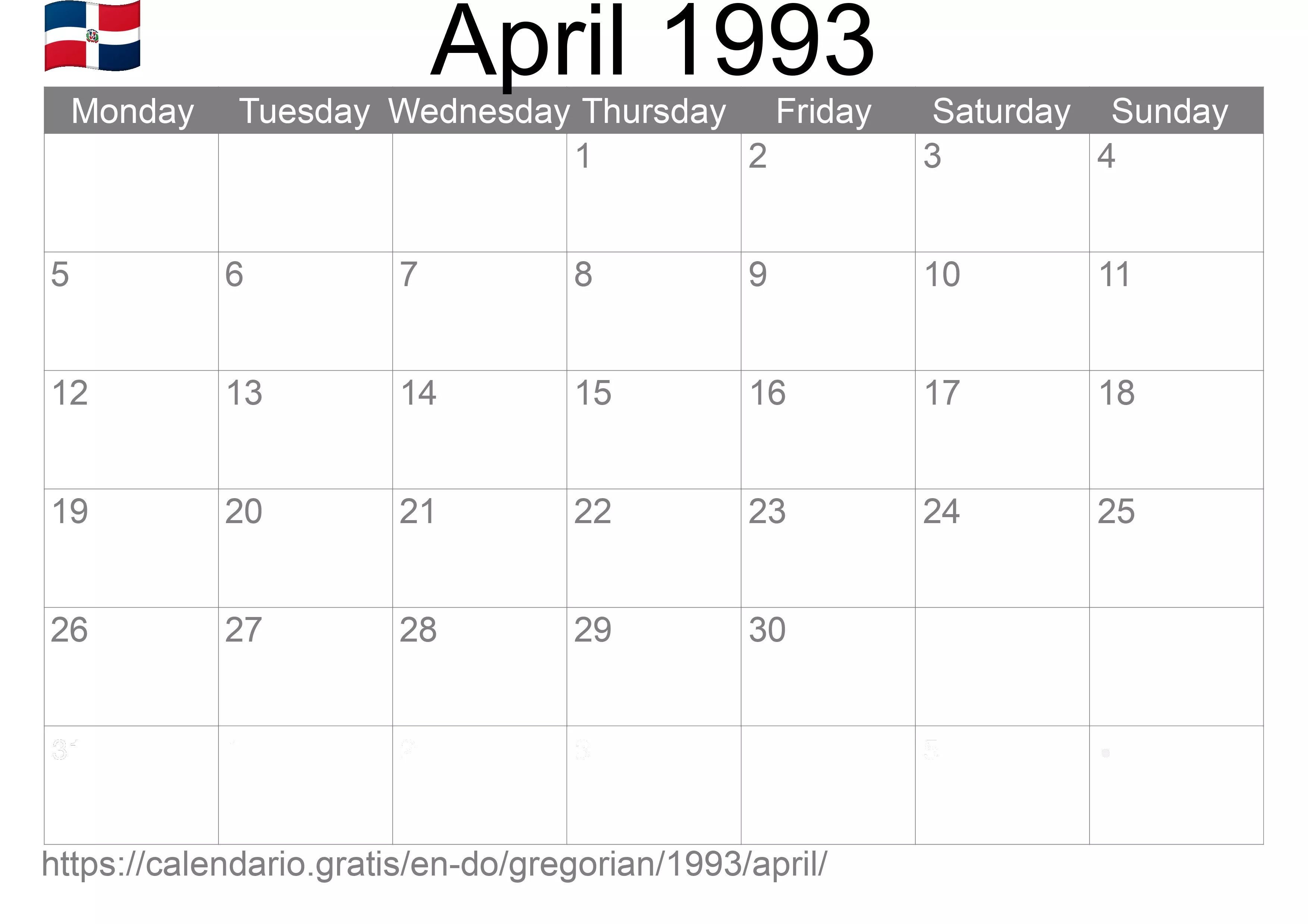 Calendar April 1993 to print (Dominican Republic) Calendar April 1993 to print (Dominican Republic)