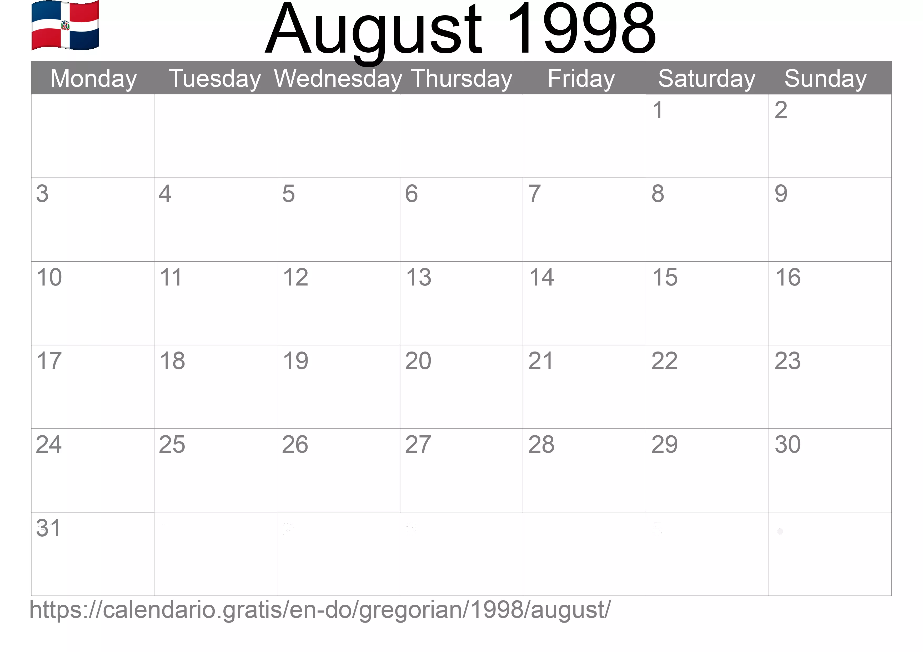 Calendar August 1998 to print (Dominican Republic) Calendar August 1998 to print (Dominican Republic)