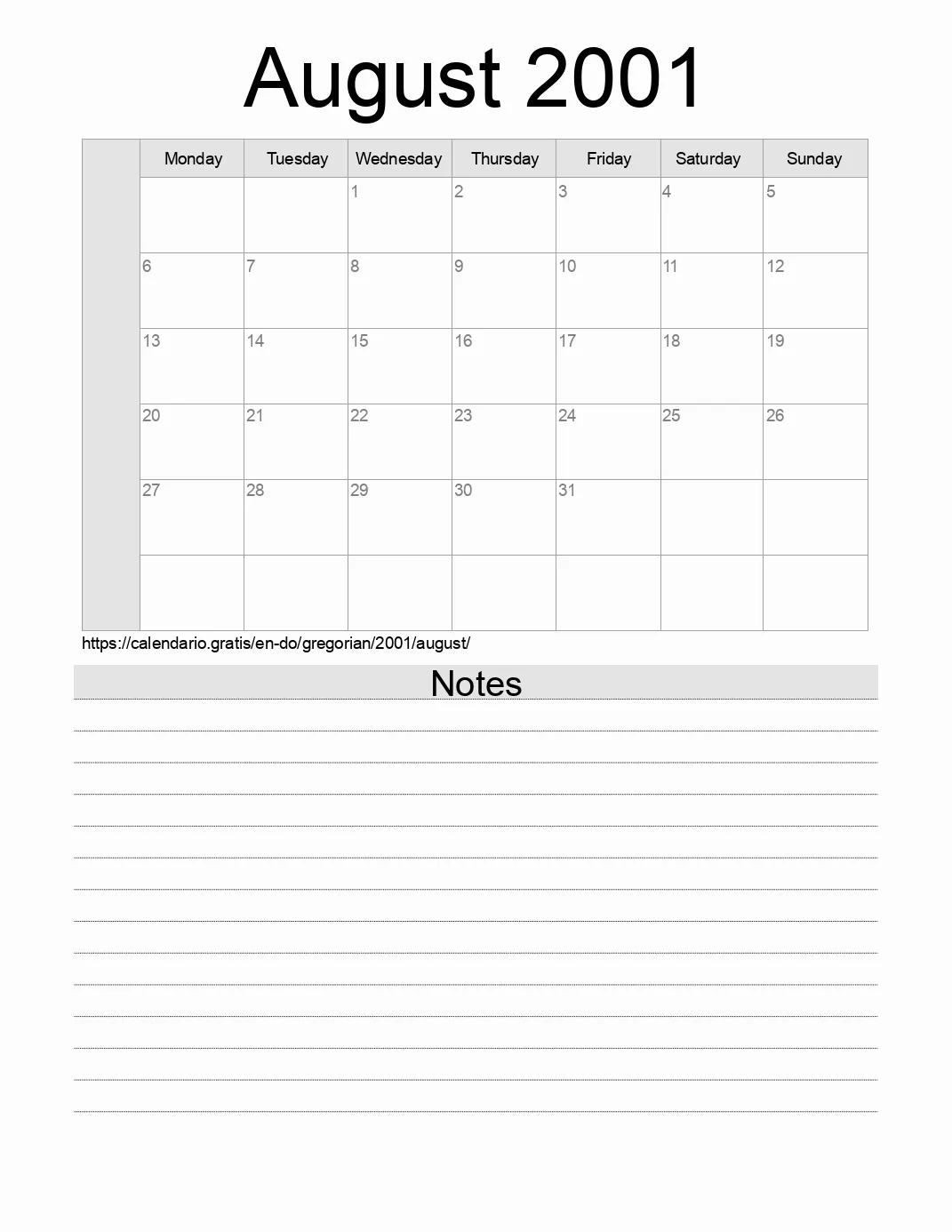 Calendar for printing with notes for 2001 August . (Dominican Republic) Calendar for printing with notes for 2001 August . (Dominican Republic)