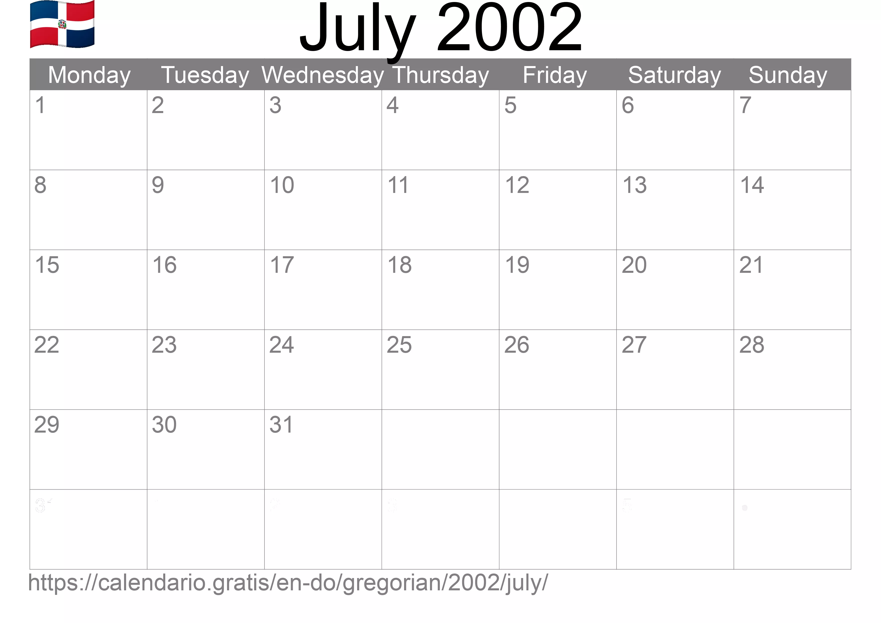 Calendar July 2002 to print (Dominican Republic)