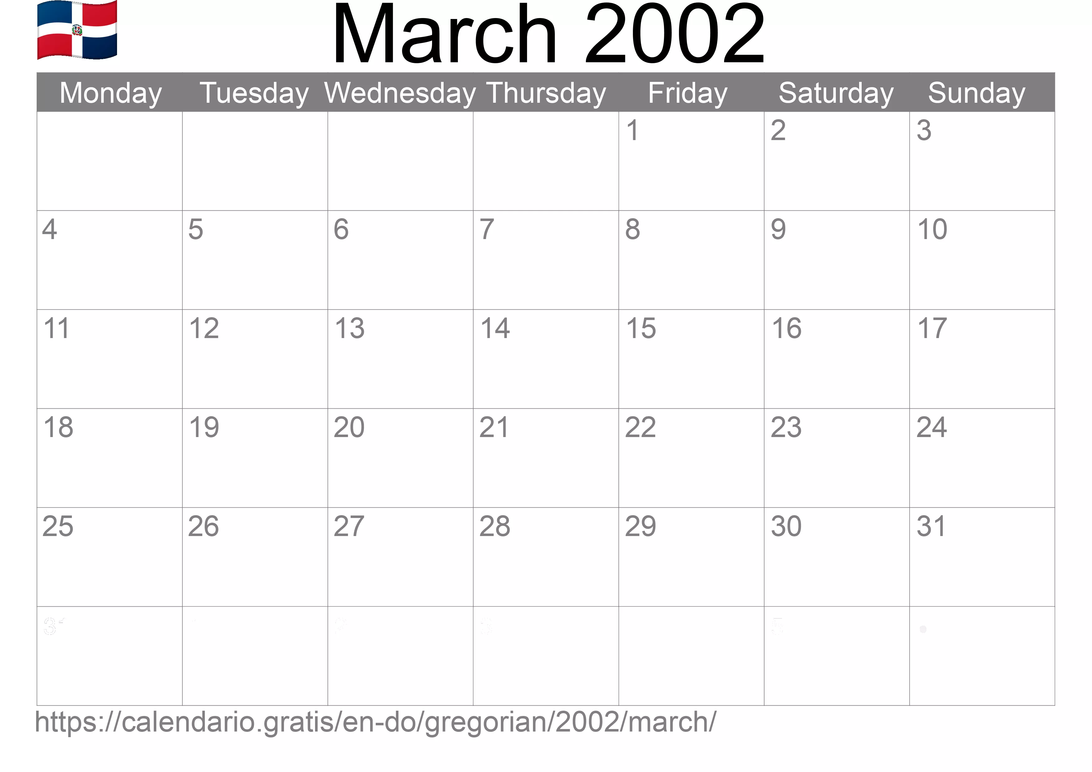 Calendar March 2002 to print (Dominican Republic) Calendar March 2002 to print (Dominican Republic)