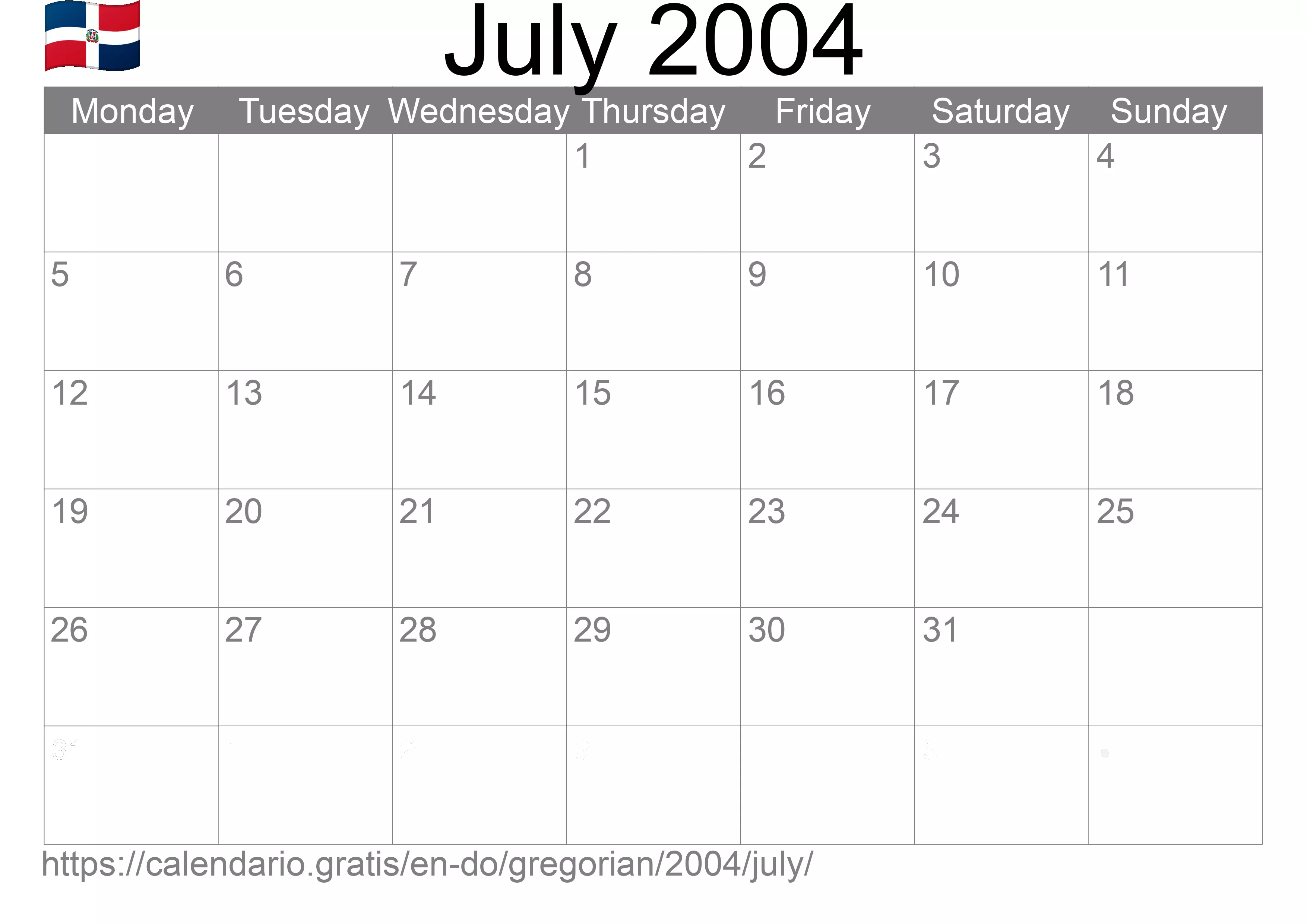 Calendar July 2004 to print (Dominican Republic)