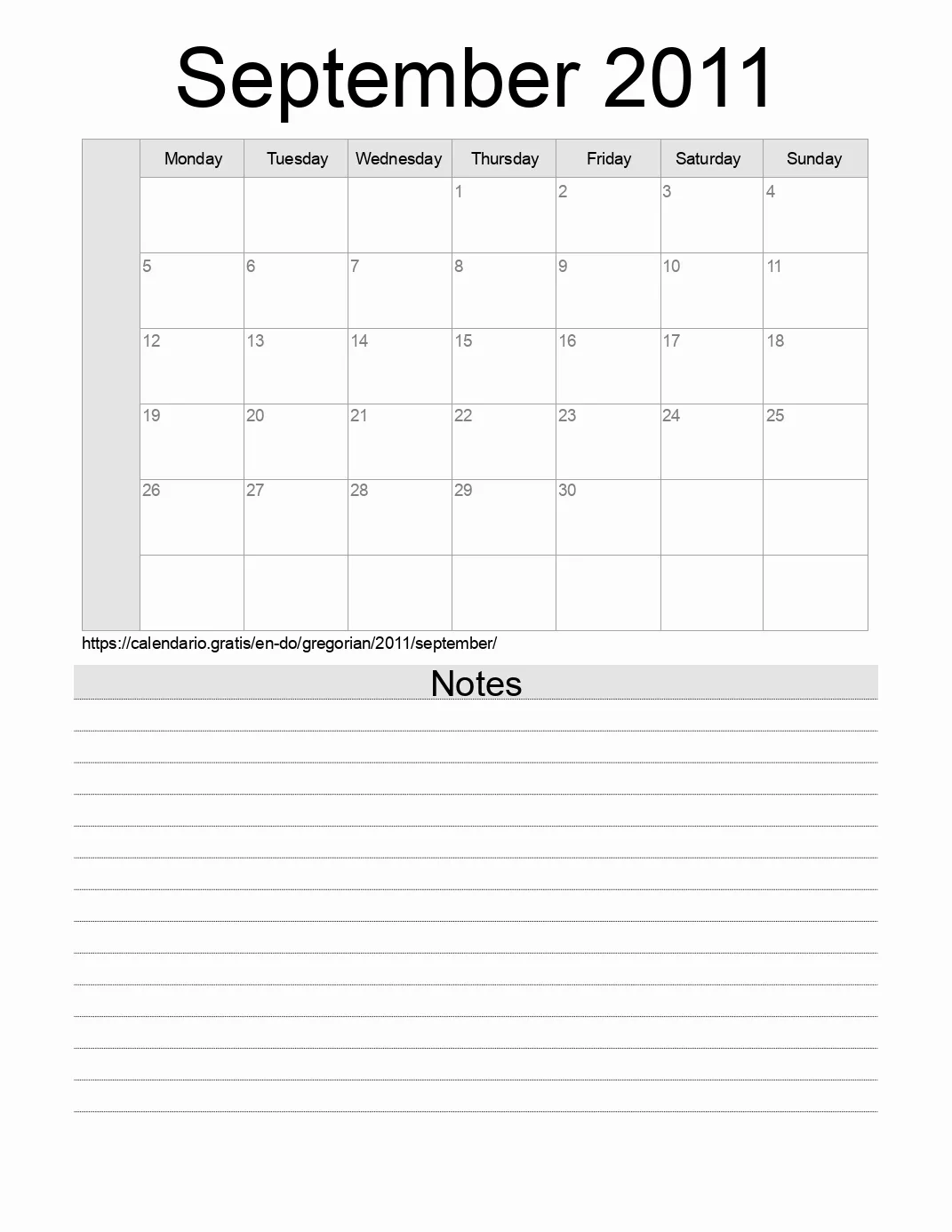 Calendar for printing with notes for 2011 September . (Dominican Republic)