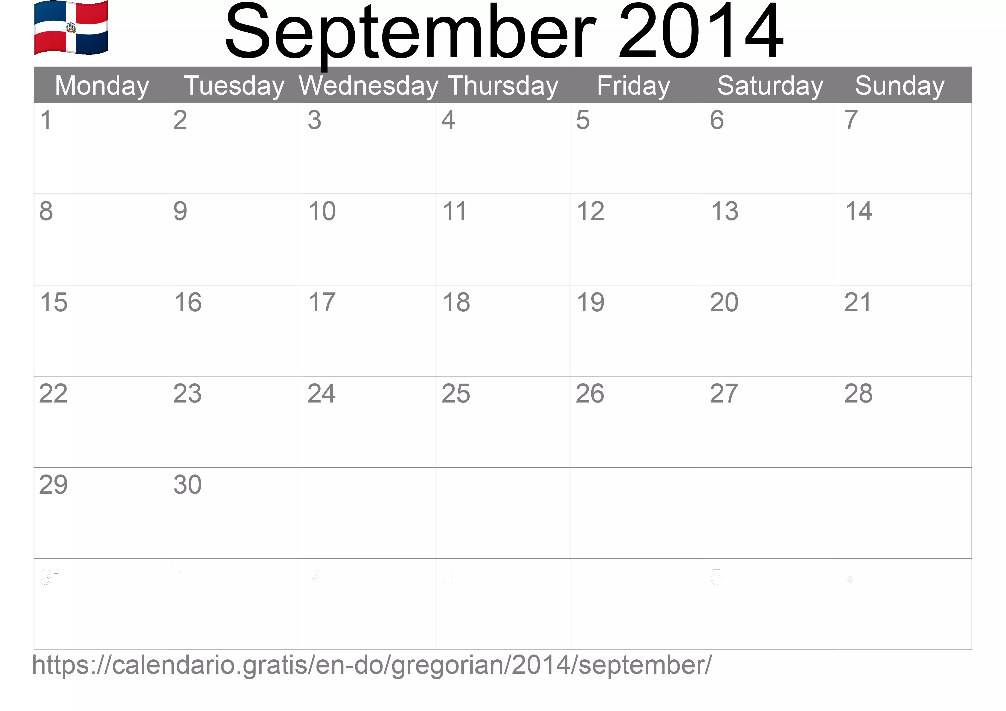 Calendar September 2014 to print (Dominican Republic)