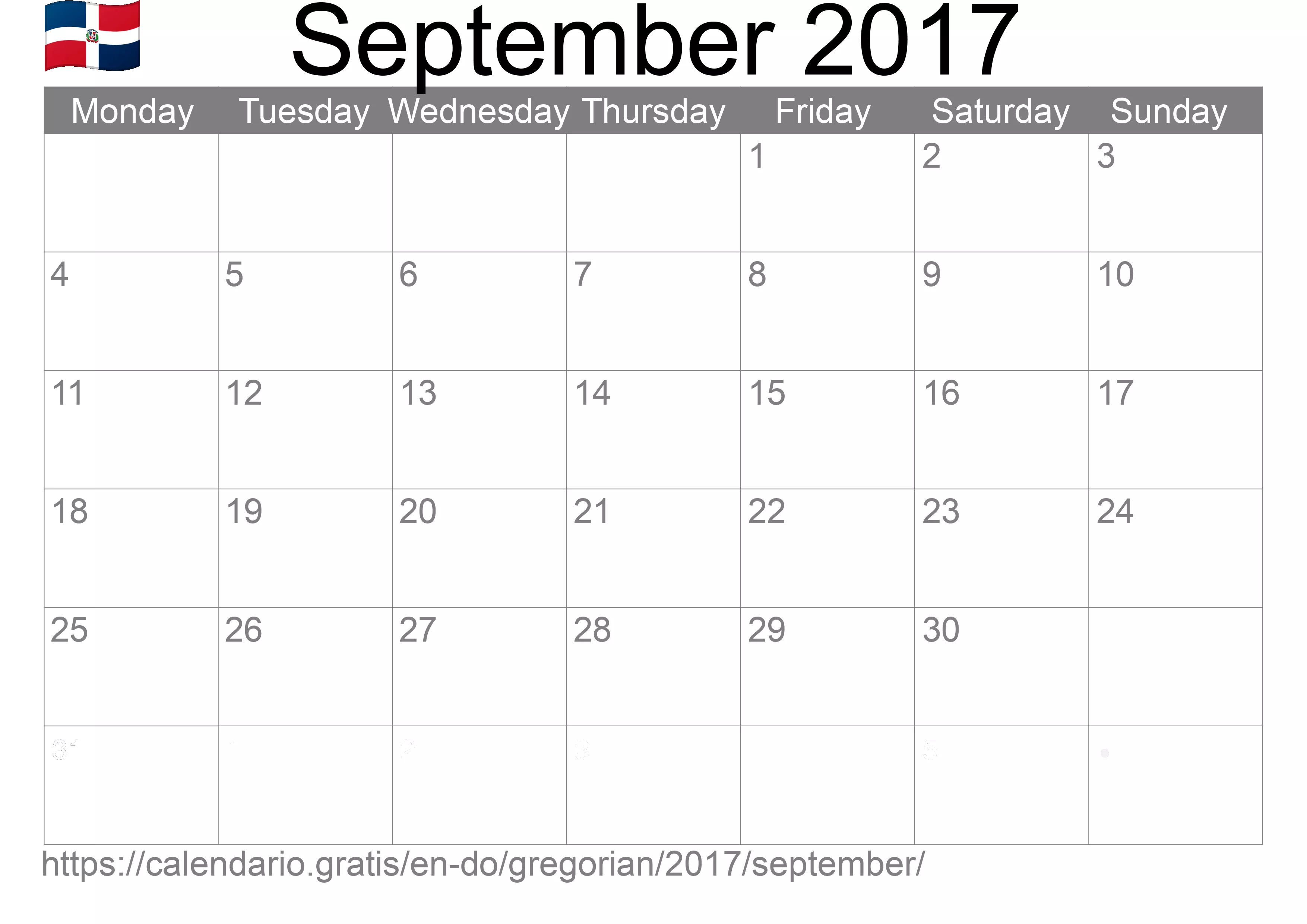 Calendar September 2017 to print (Dominican Republic)