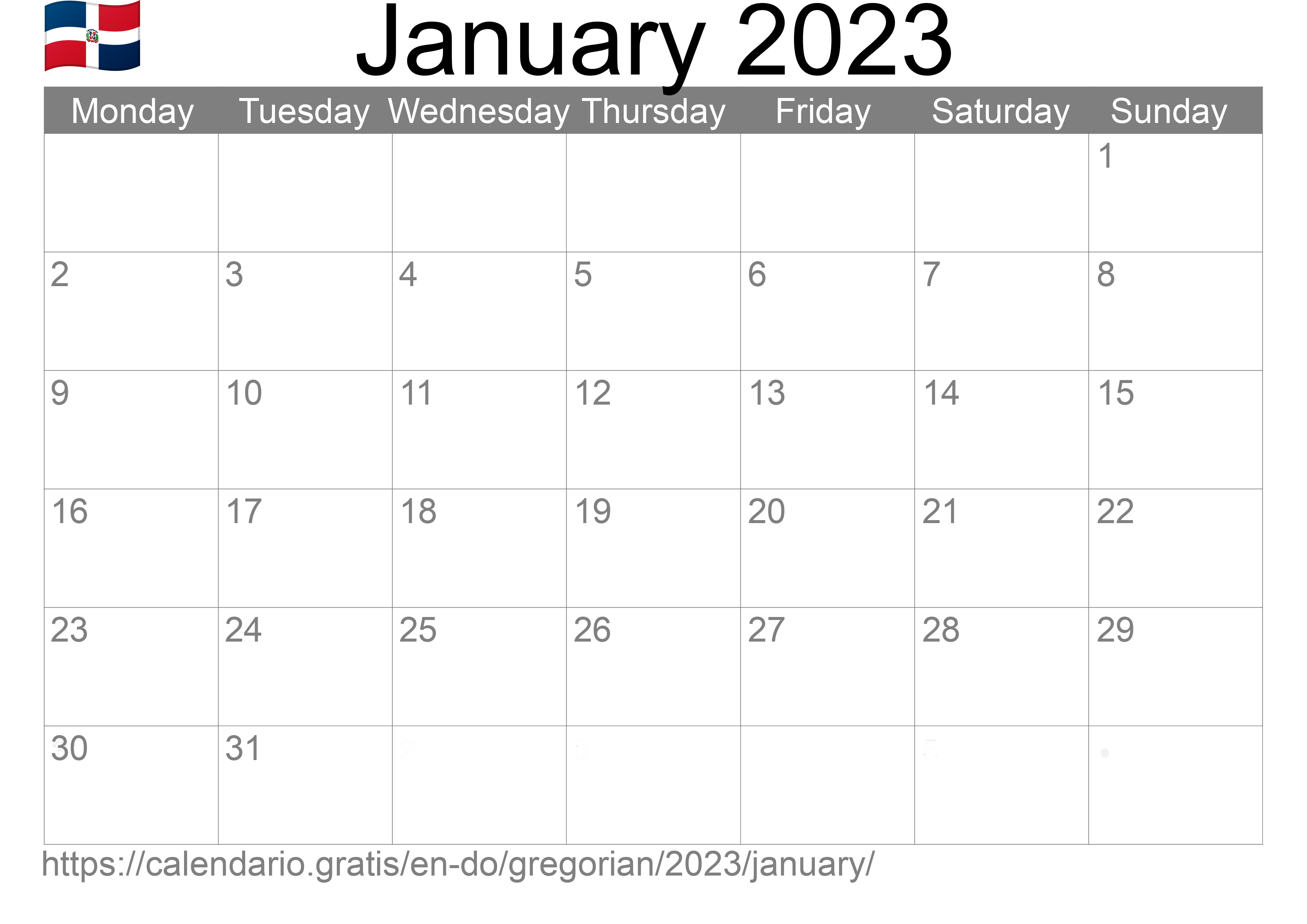 Calendar January 2023 to print