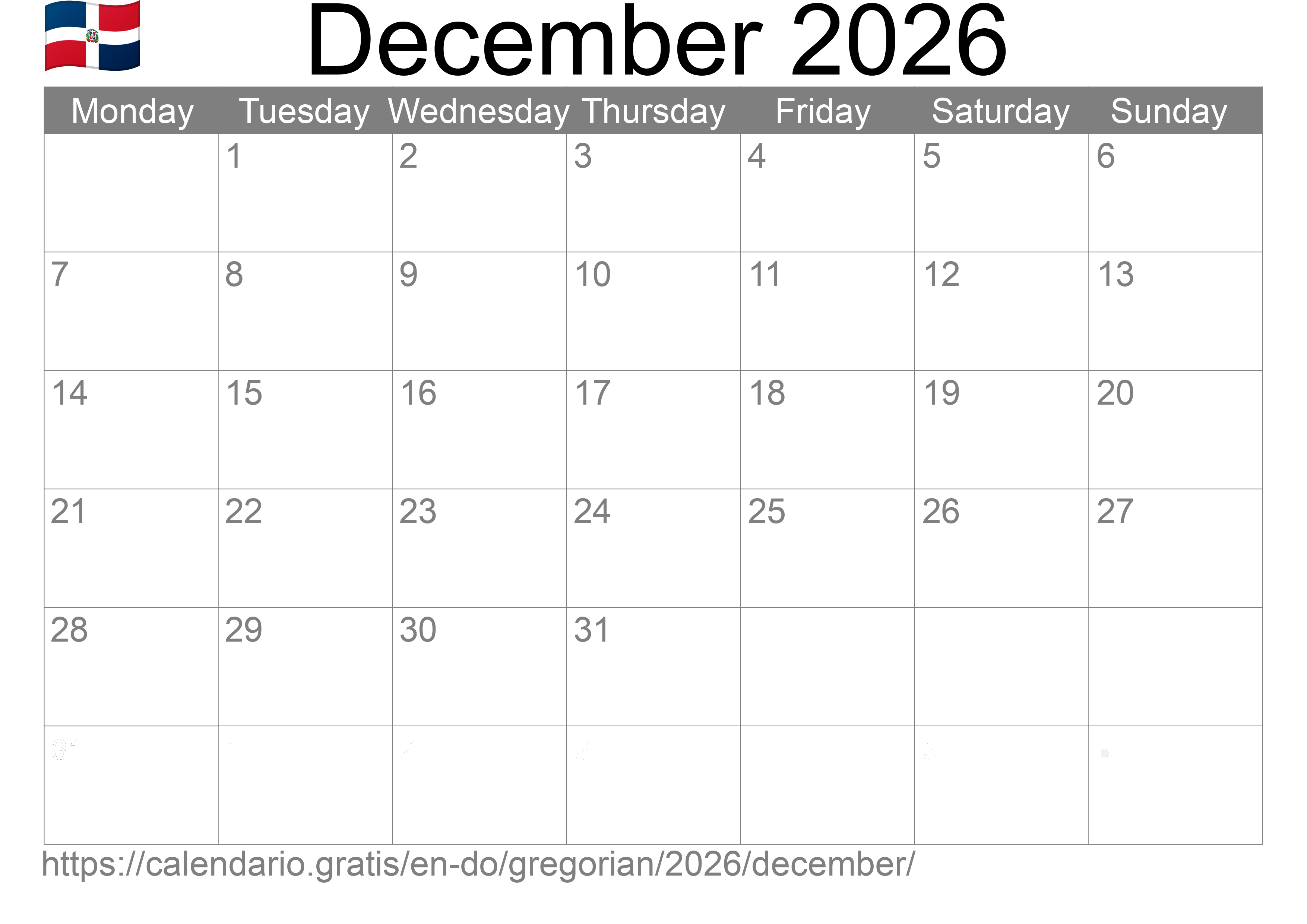 Calendar December 2026 to print