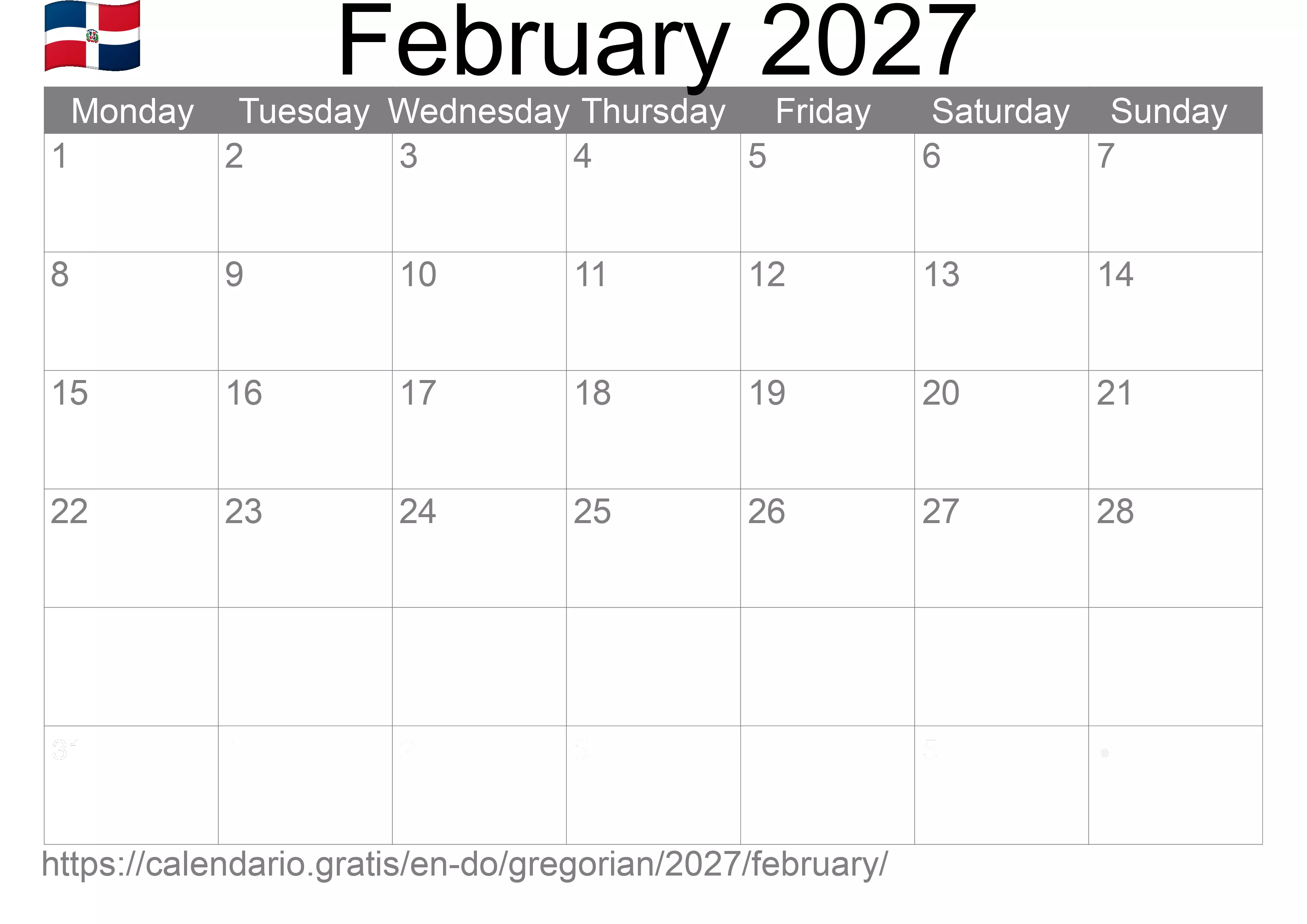 Calendar February 2027 to print (Dominican Republic) Calendar February 2027 to print (Dominican Republic)
