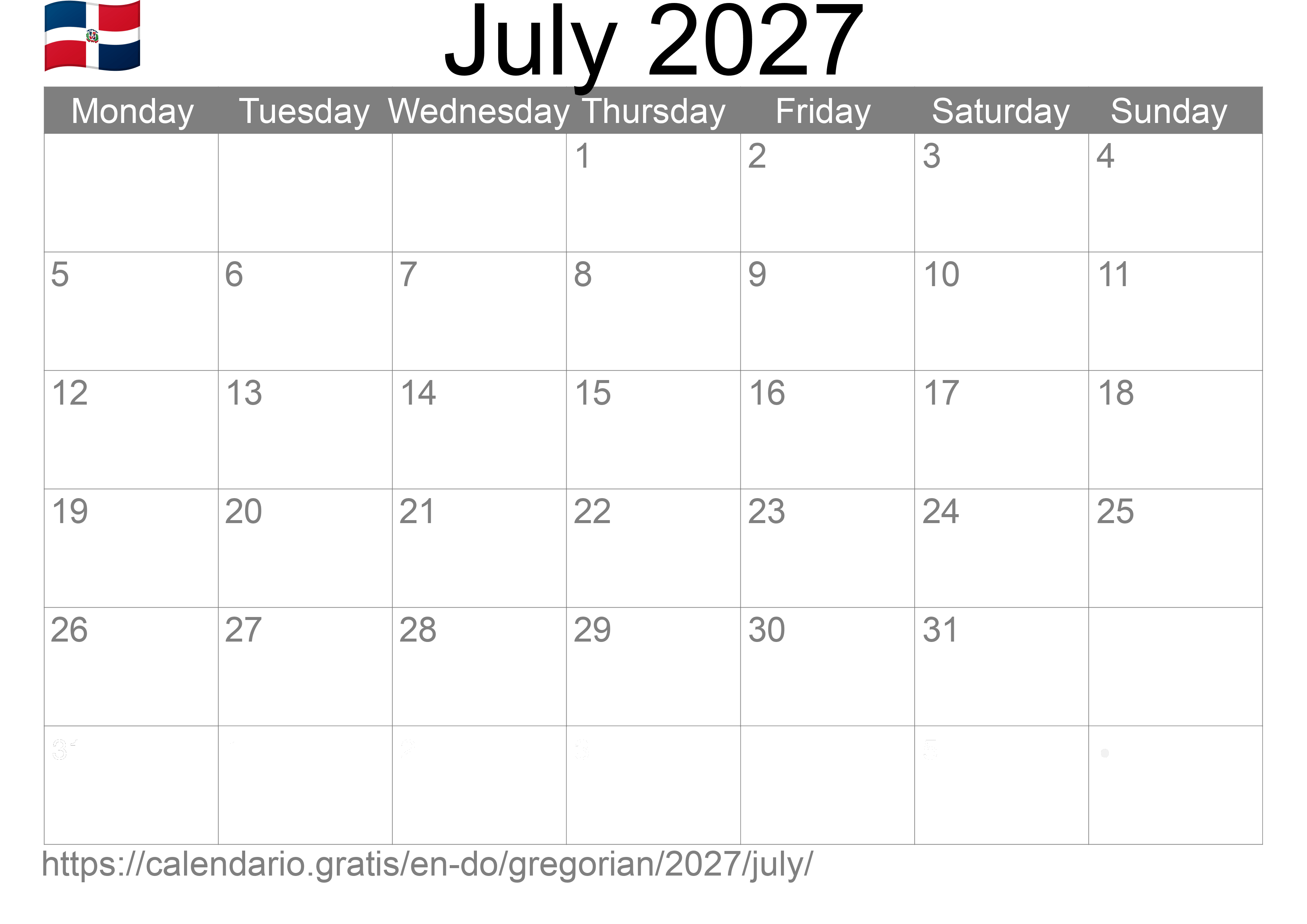 Calendar July 2027 to print