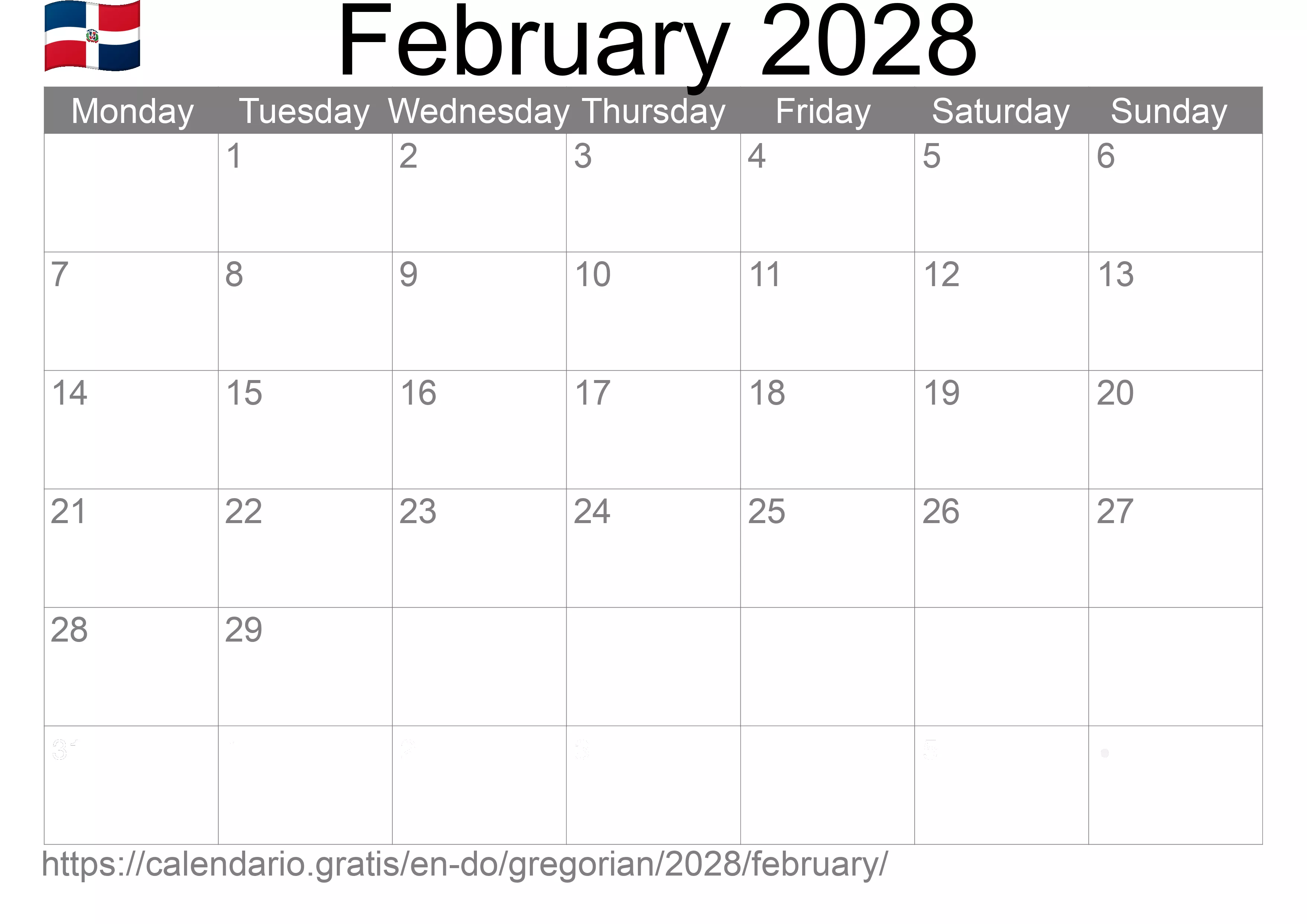 Calendar February 2028 to print (Dominican Republic) Calendar February 2028 to print (Dominican Republic)