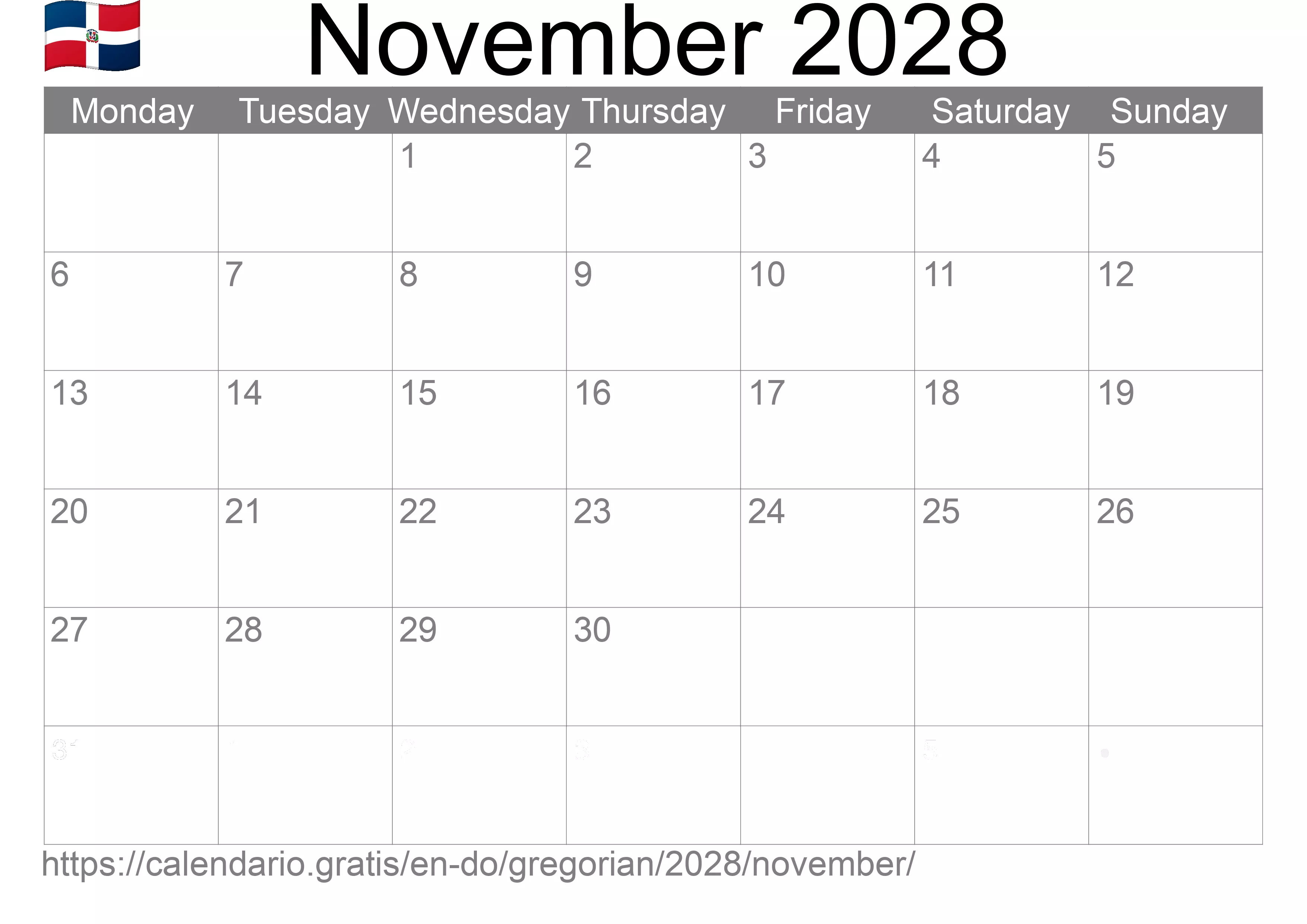 Calendar November 2028 to print (Dominican Republic)