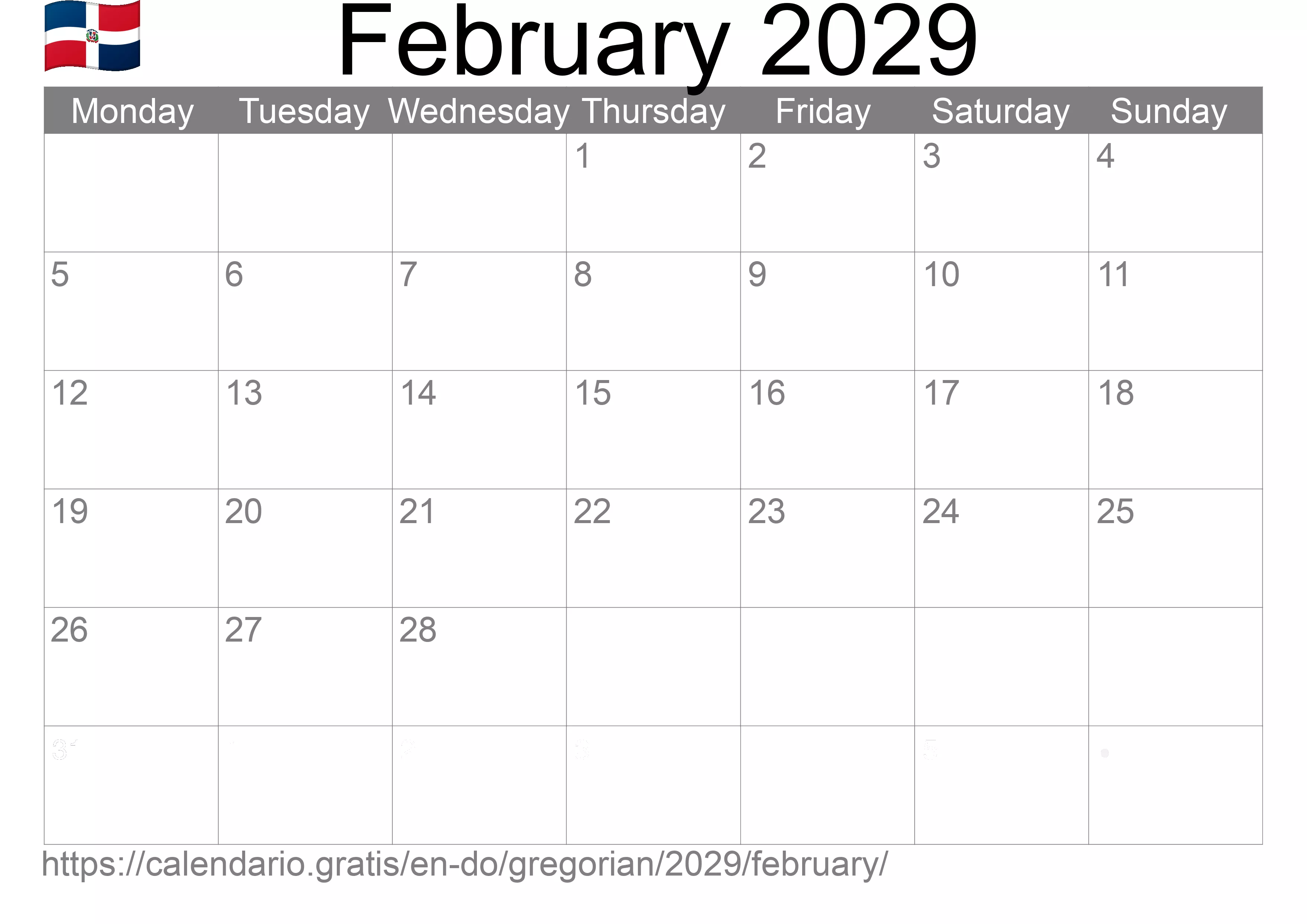 Calendar February 2029 to print (Dominican Republic) Calendar February 2029 to print (Dominican Republic)