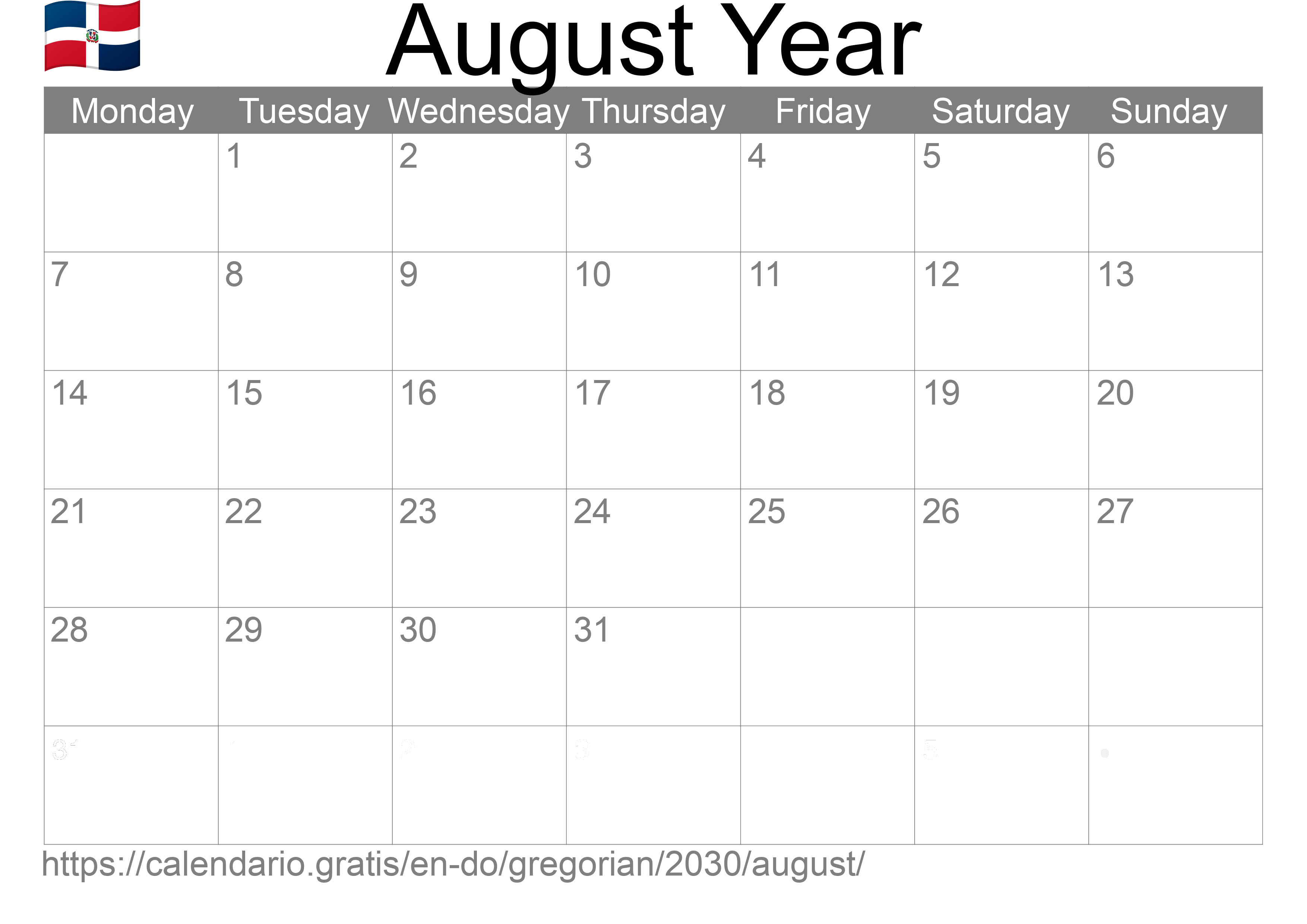 Calendar August 2030 to print