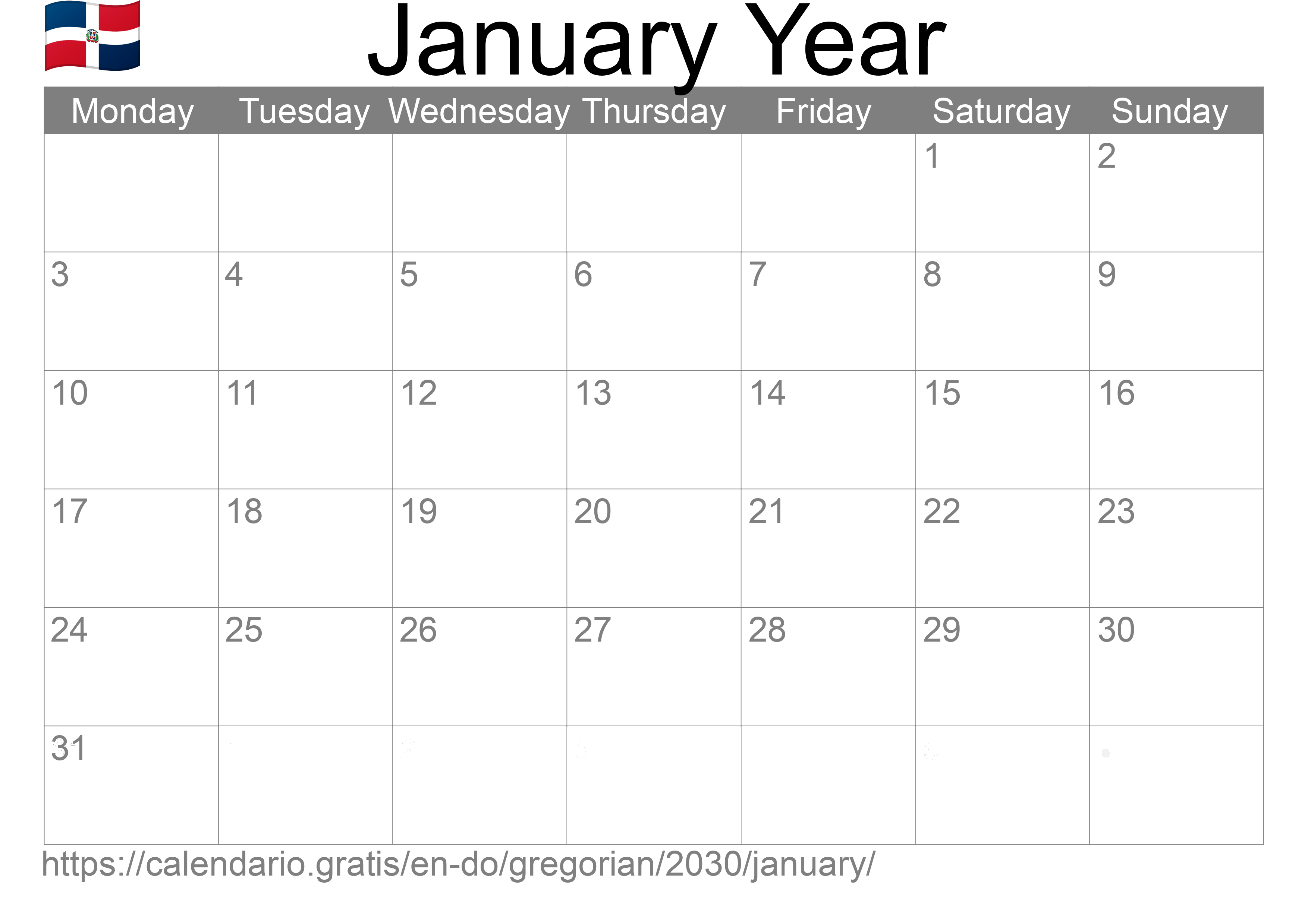 Calendar January 2030 to print