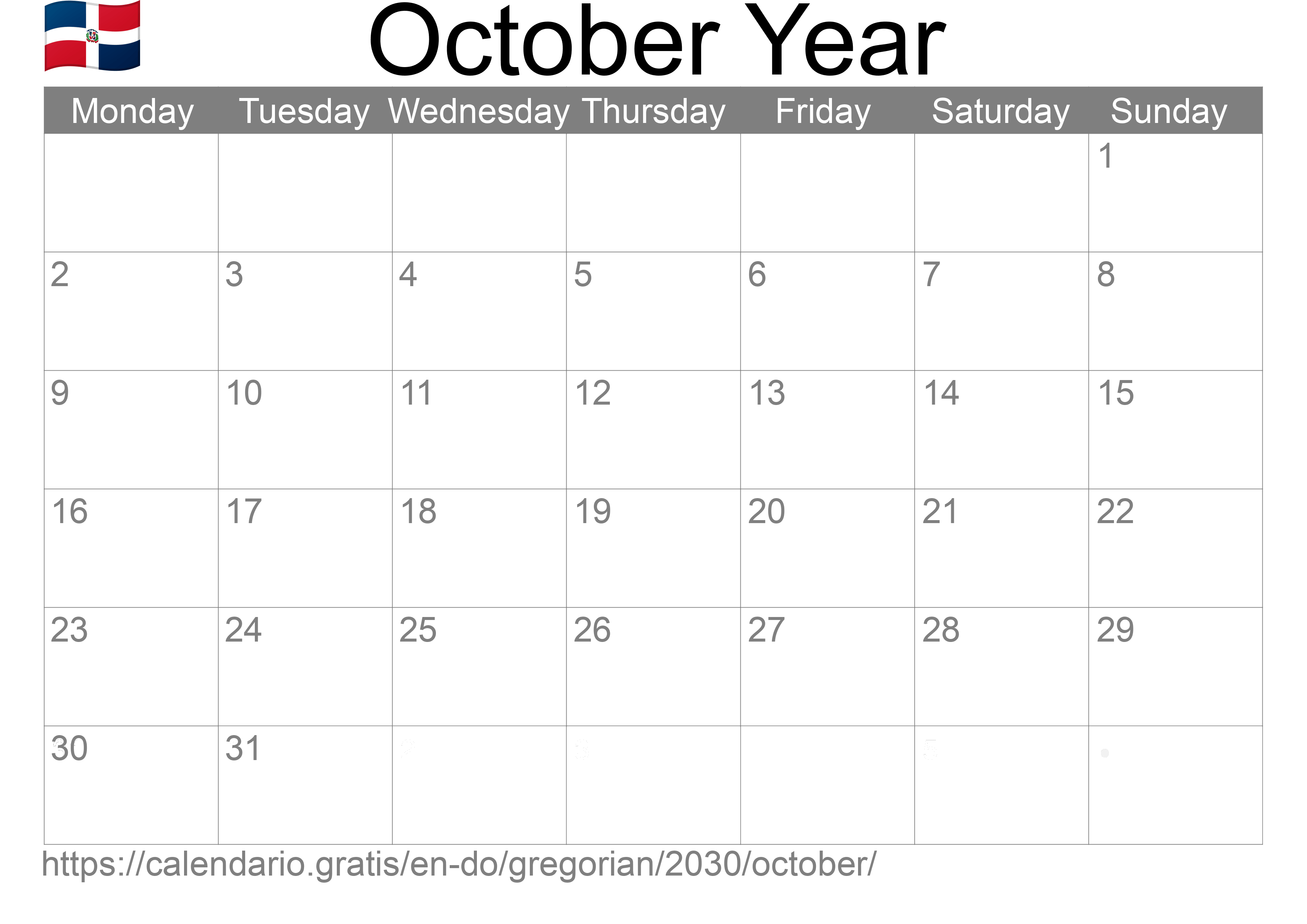 Calendar October 2030 to print