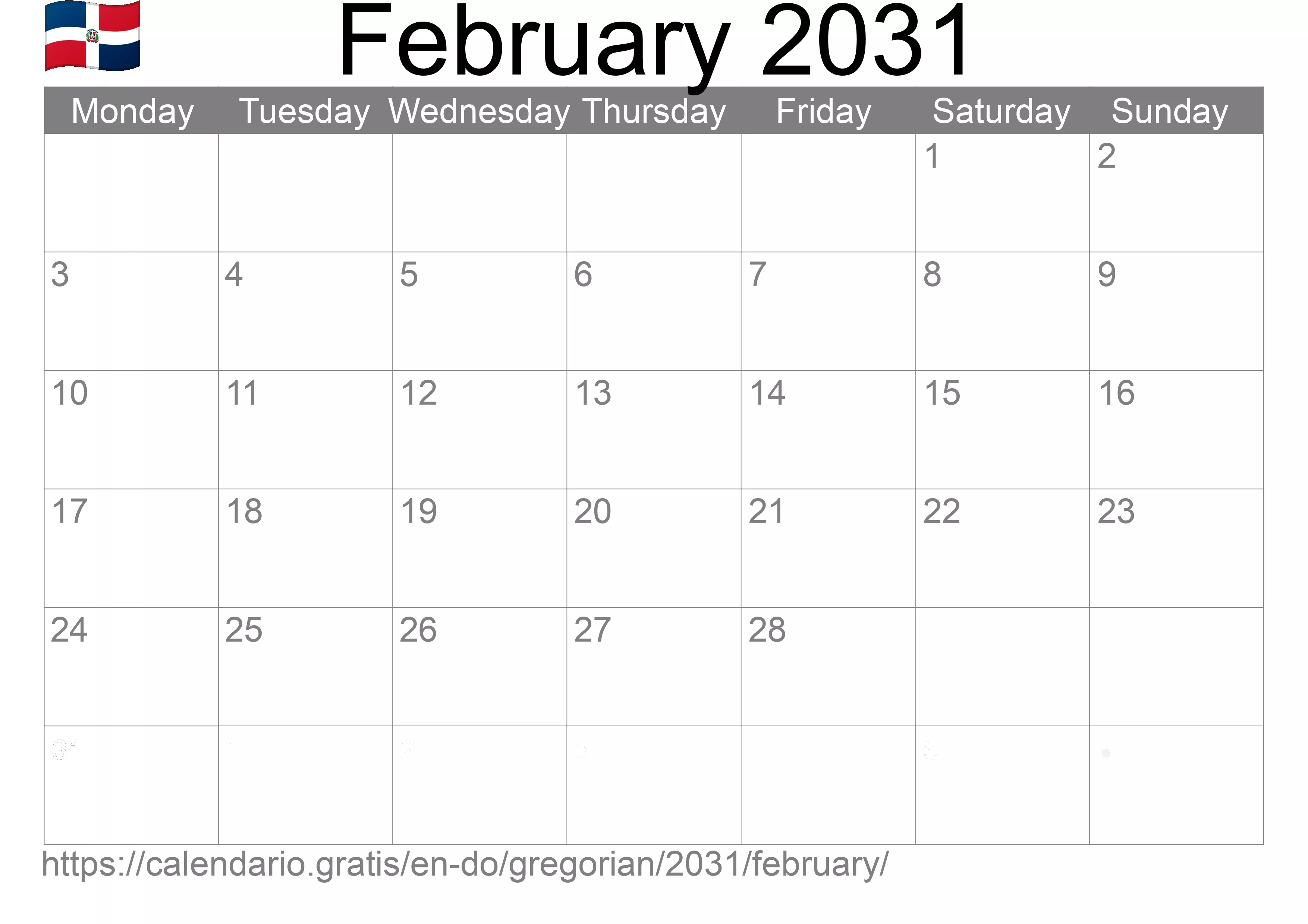 Calendar February 2031 to print (Dominican Republic) Calendar February 2031 to print (Dominican Republic)