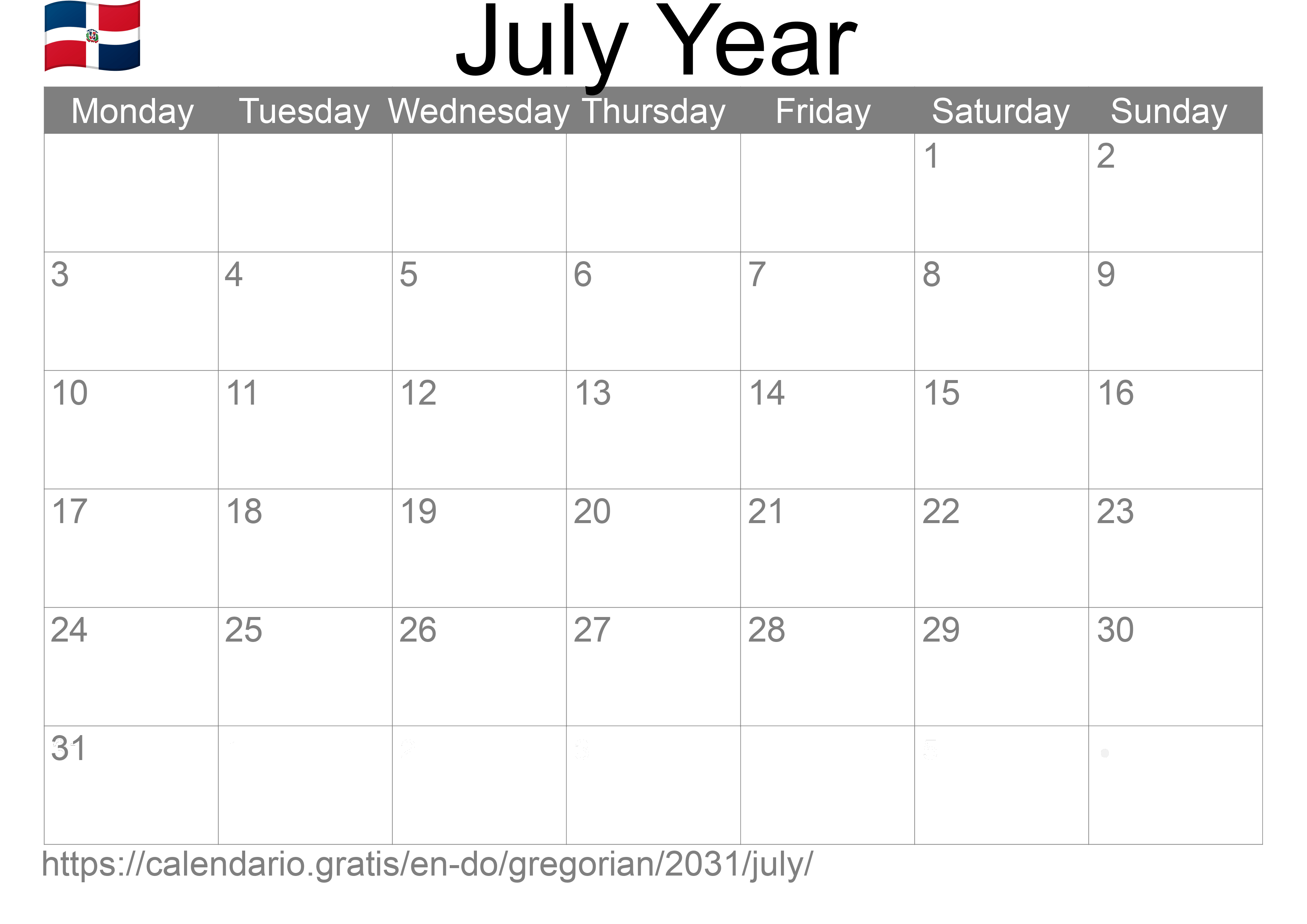 Calendar July 2031 to print