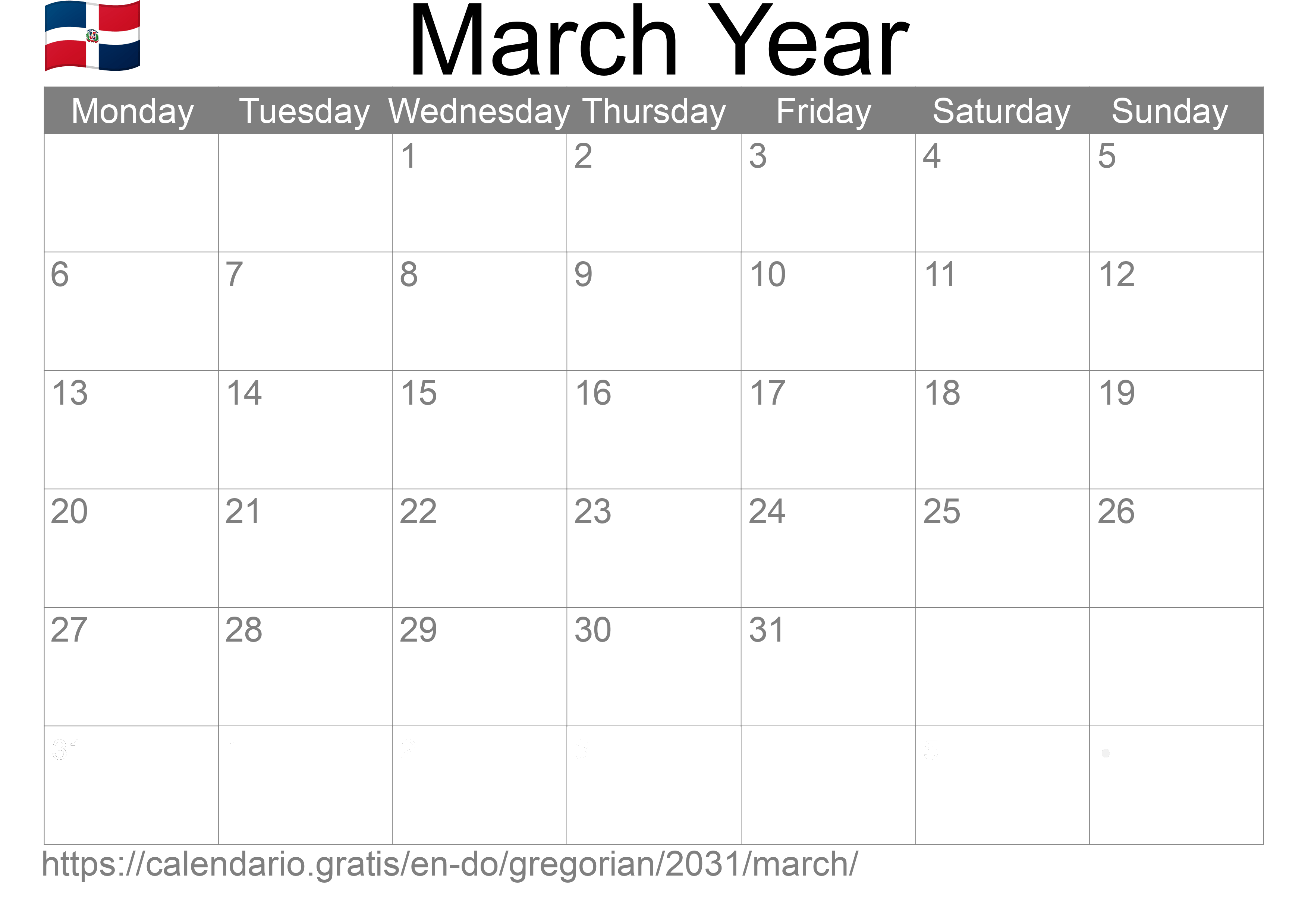 Calendar March 2031 to print