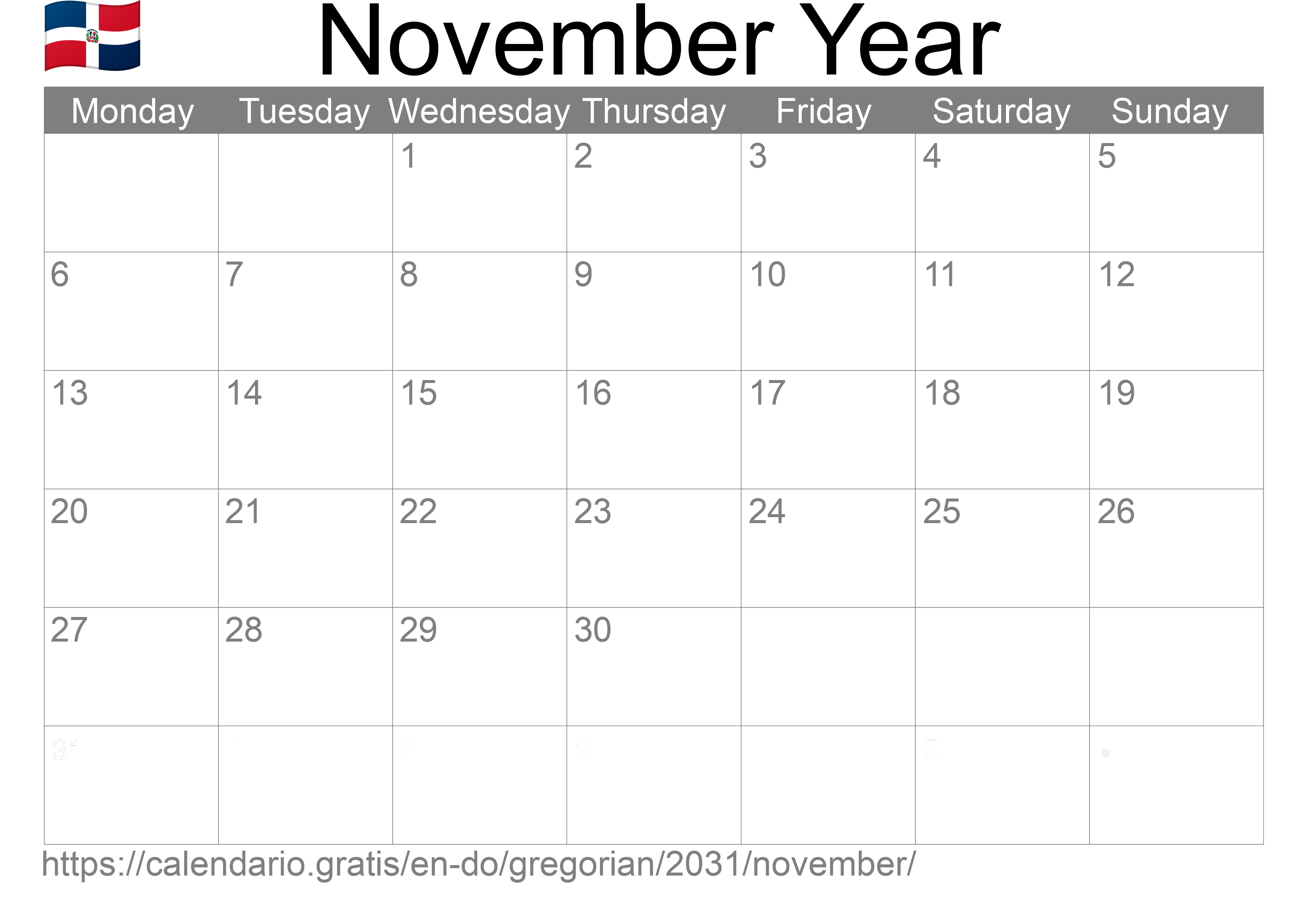 Calendar November 2031 to print