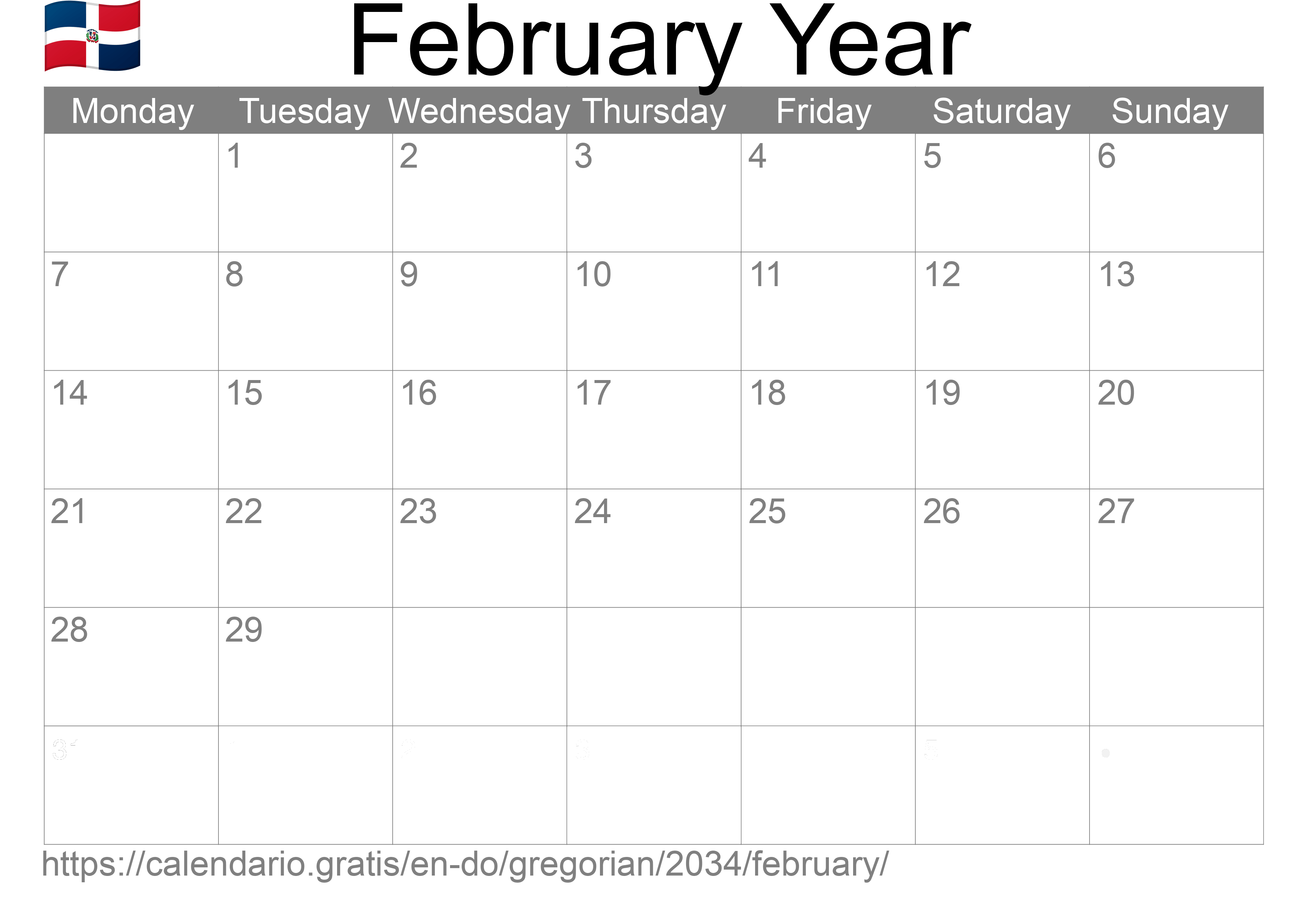 Calendar February 2034 to print