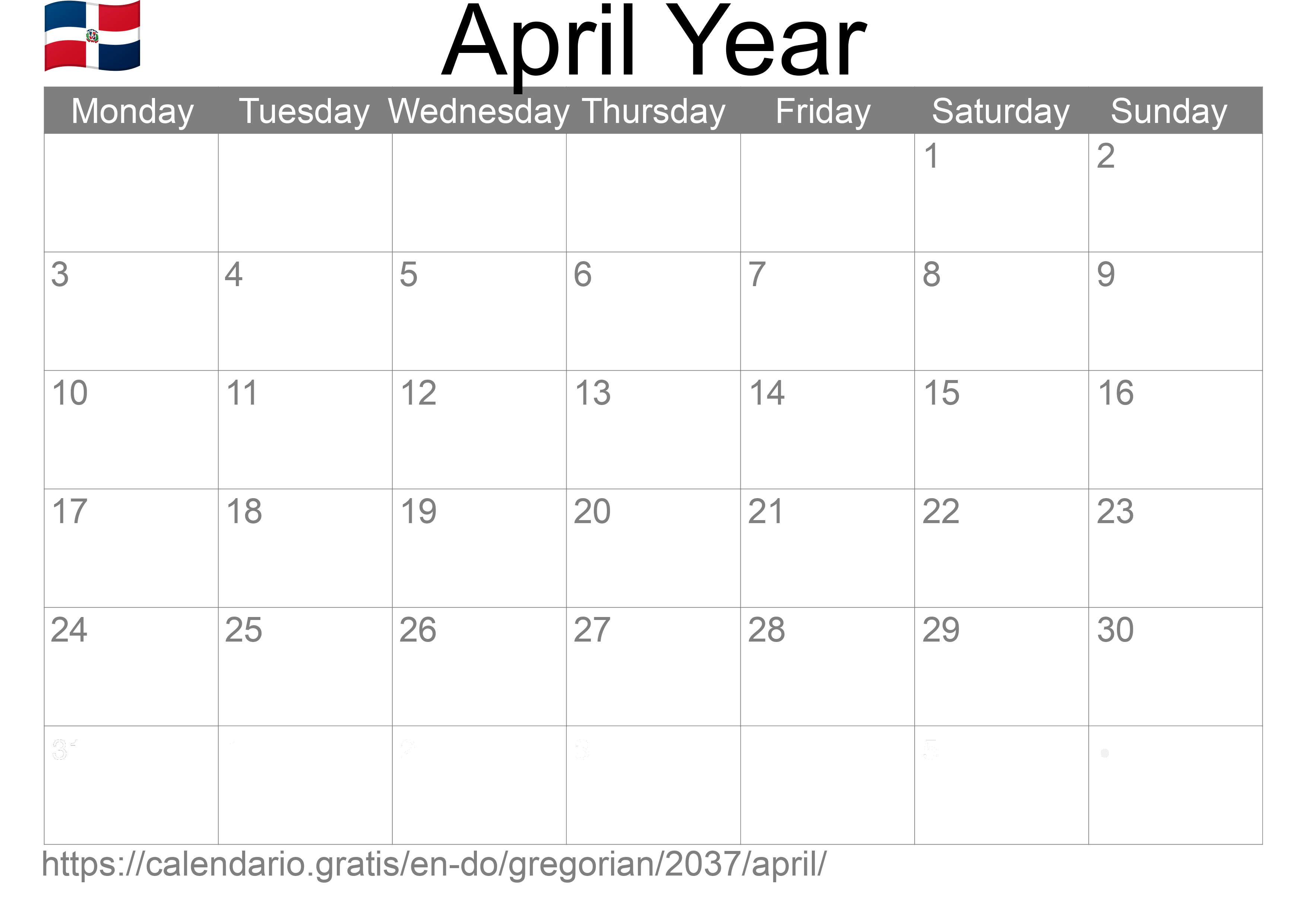 Calendar April 2037 to print