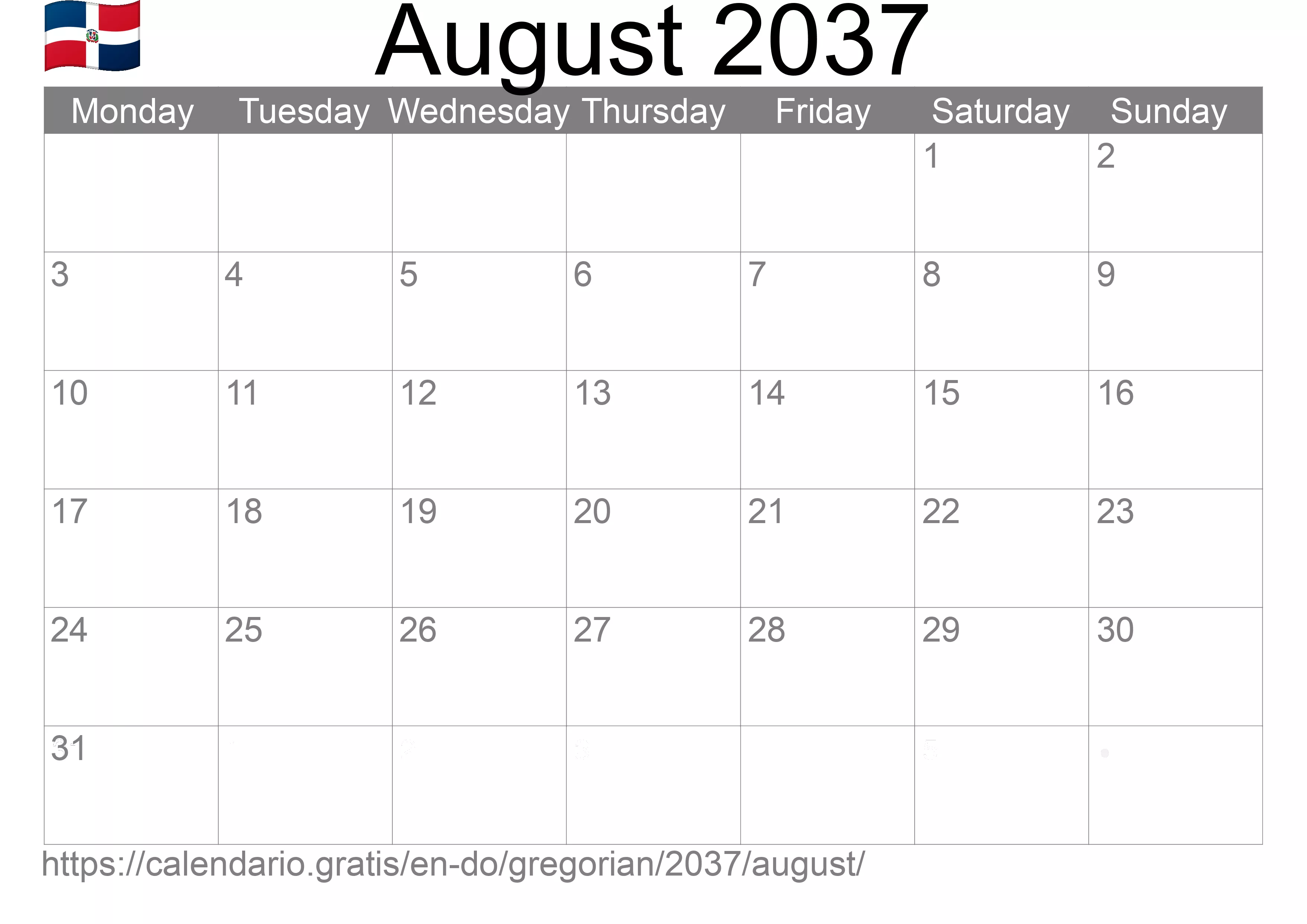 Calendar August 2037 to print (Dominican Republic) Calendar August 2037 to print (Dominican Republic)