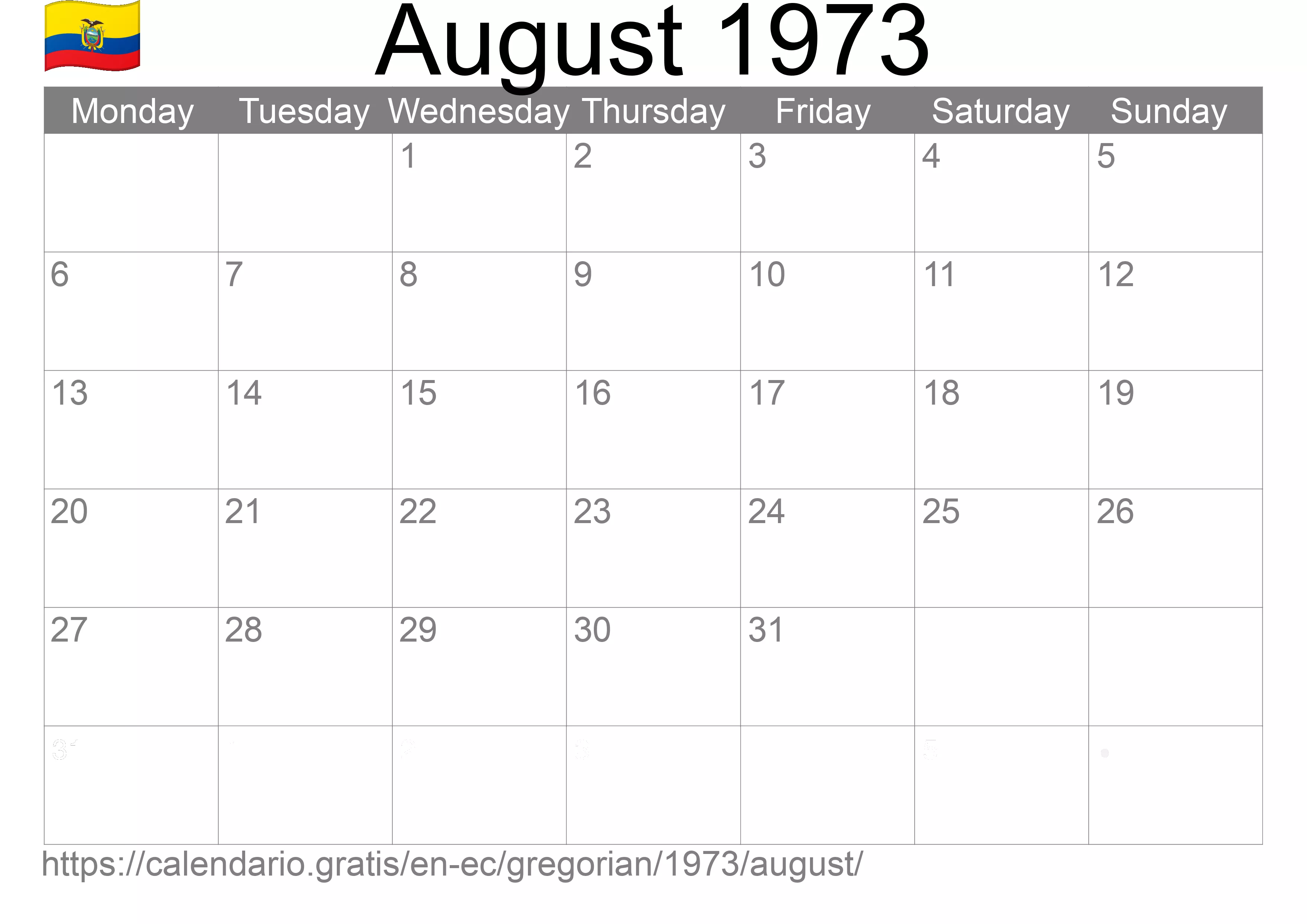 Calendar August 1973 to print (Ecuador) Calendar August 1973 to print (Ecuador)