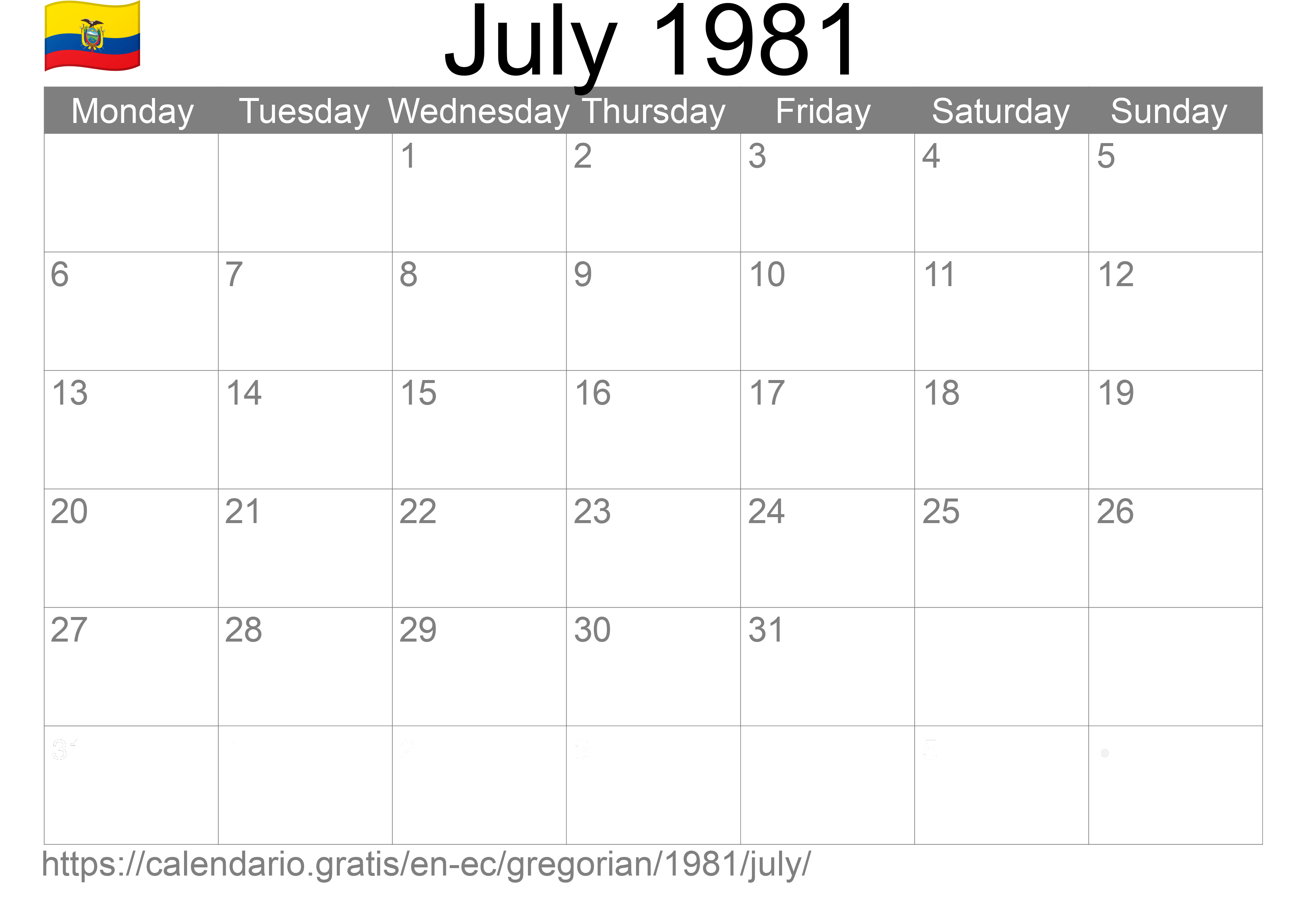 Calendar July 1981 to print