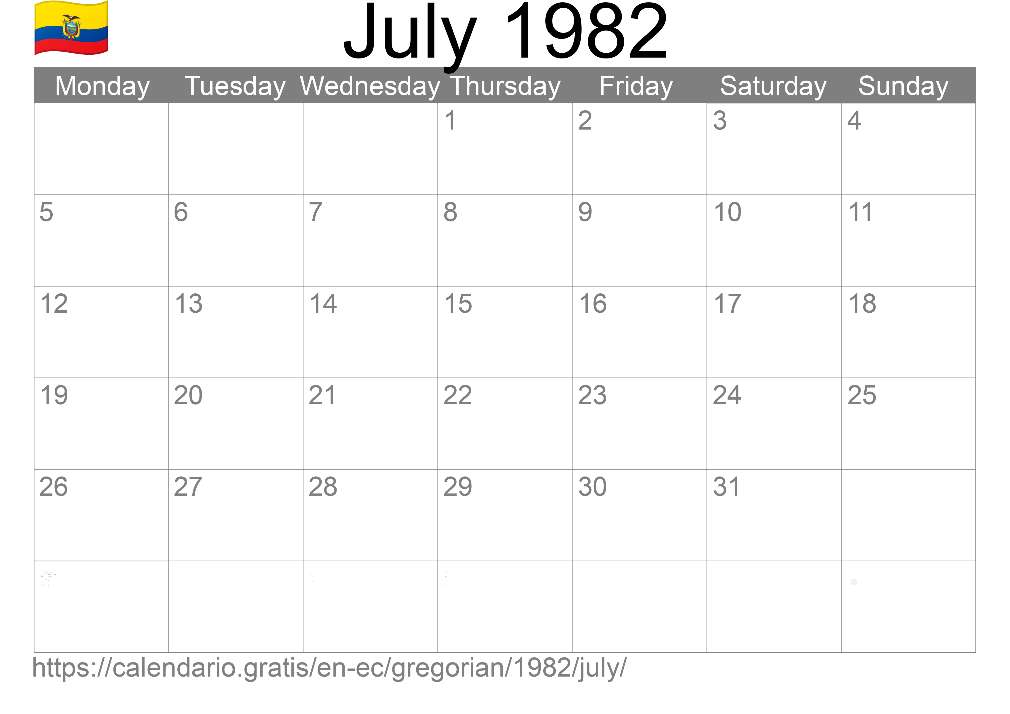 Calendar July 1982 to print