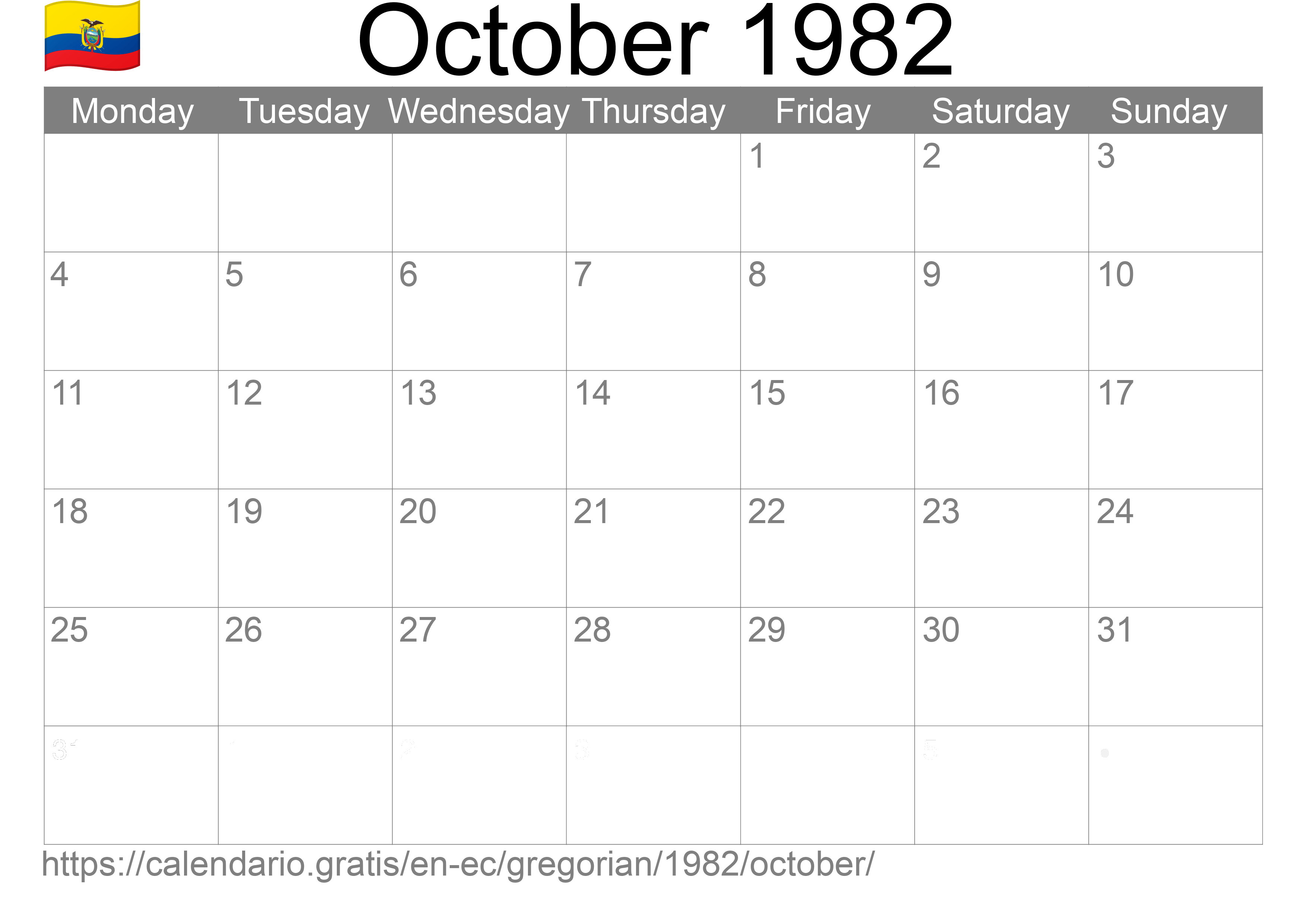 Calendar October 1982 to print