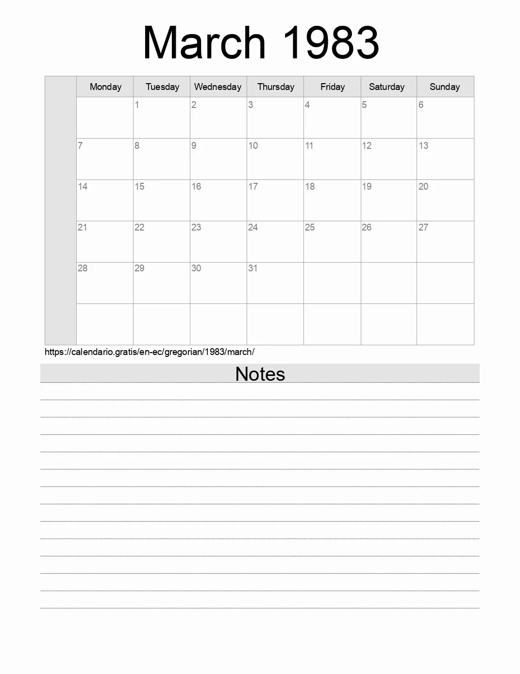 Calendar for printing with notes for 1983 March . (Ecuador) Calendar for printing with notes for 1983 March . (Ecuador)