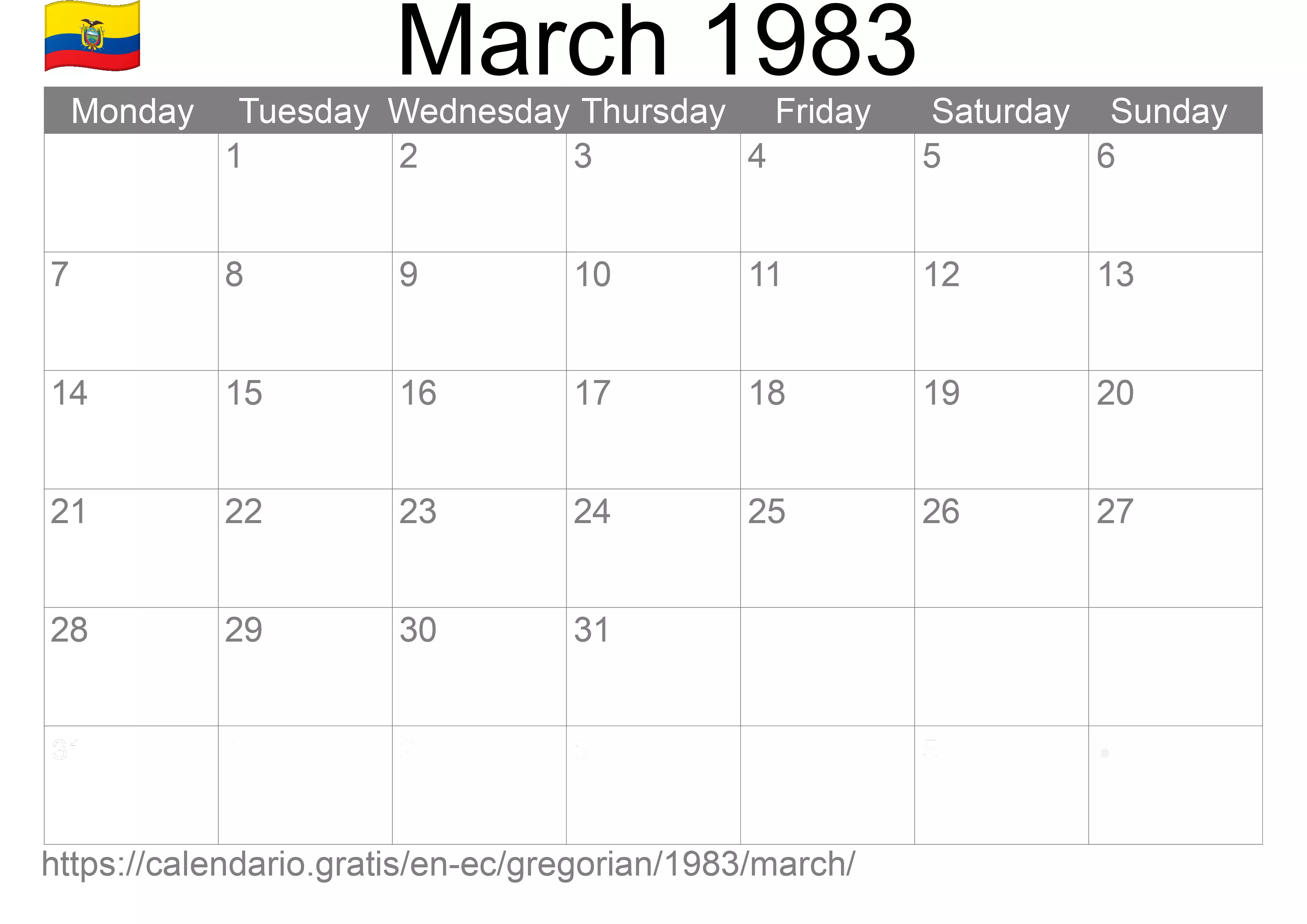 Calendar March 1983 to print (Ecuador) Calendar March 1983 to print (Ecuador)
