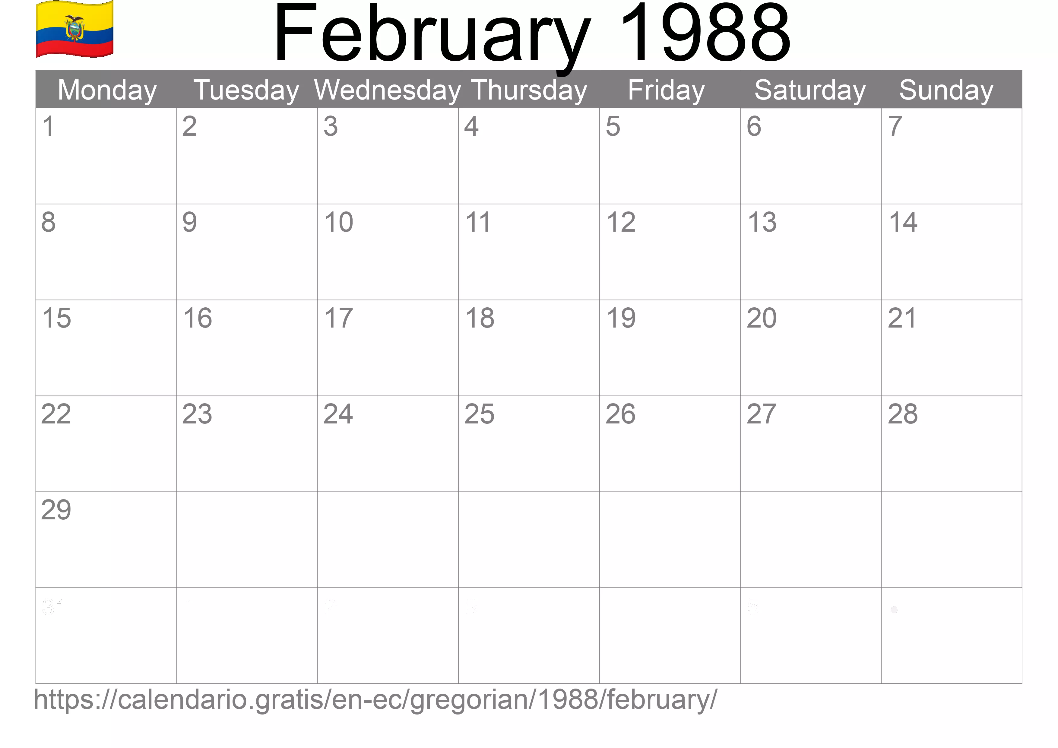 Calendar February 1988 to print (Ecuador) Calendar February 1988 to print (Ecuador)