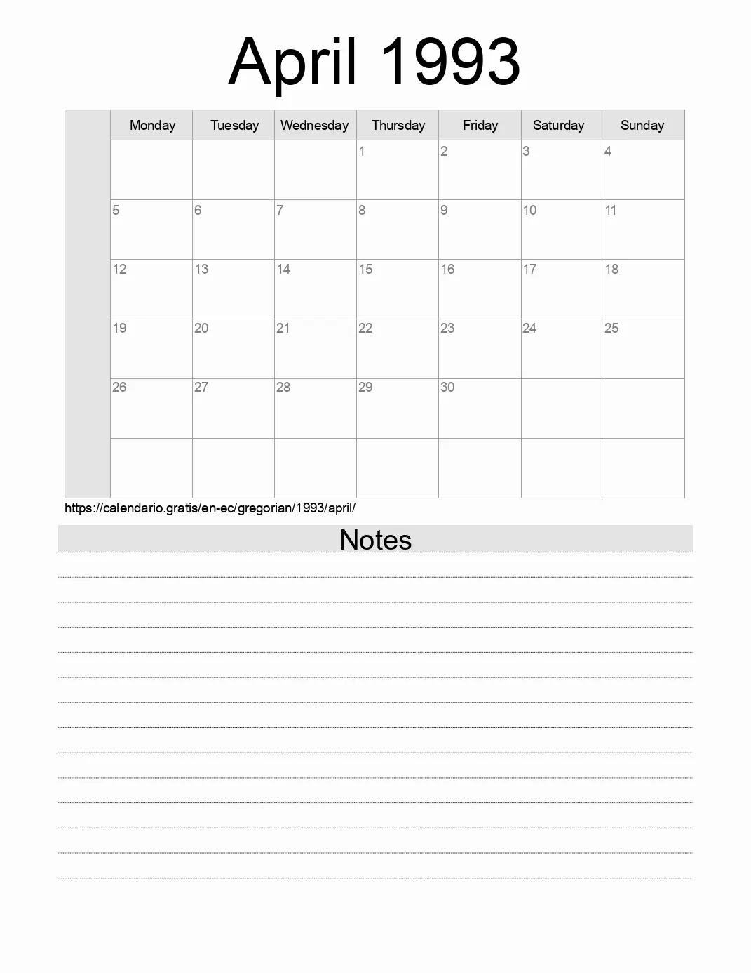 Calendar for printing with notes for 1993 April . (Ecuador) Calendar for printing with notes for 1993 April . (Ecuador)