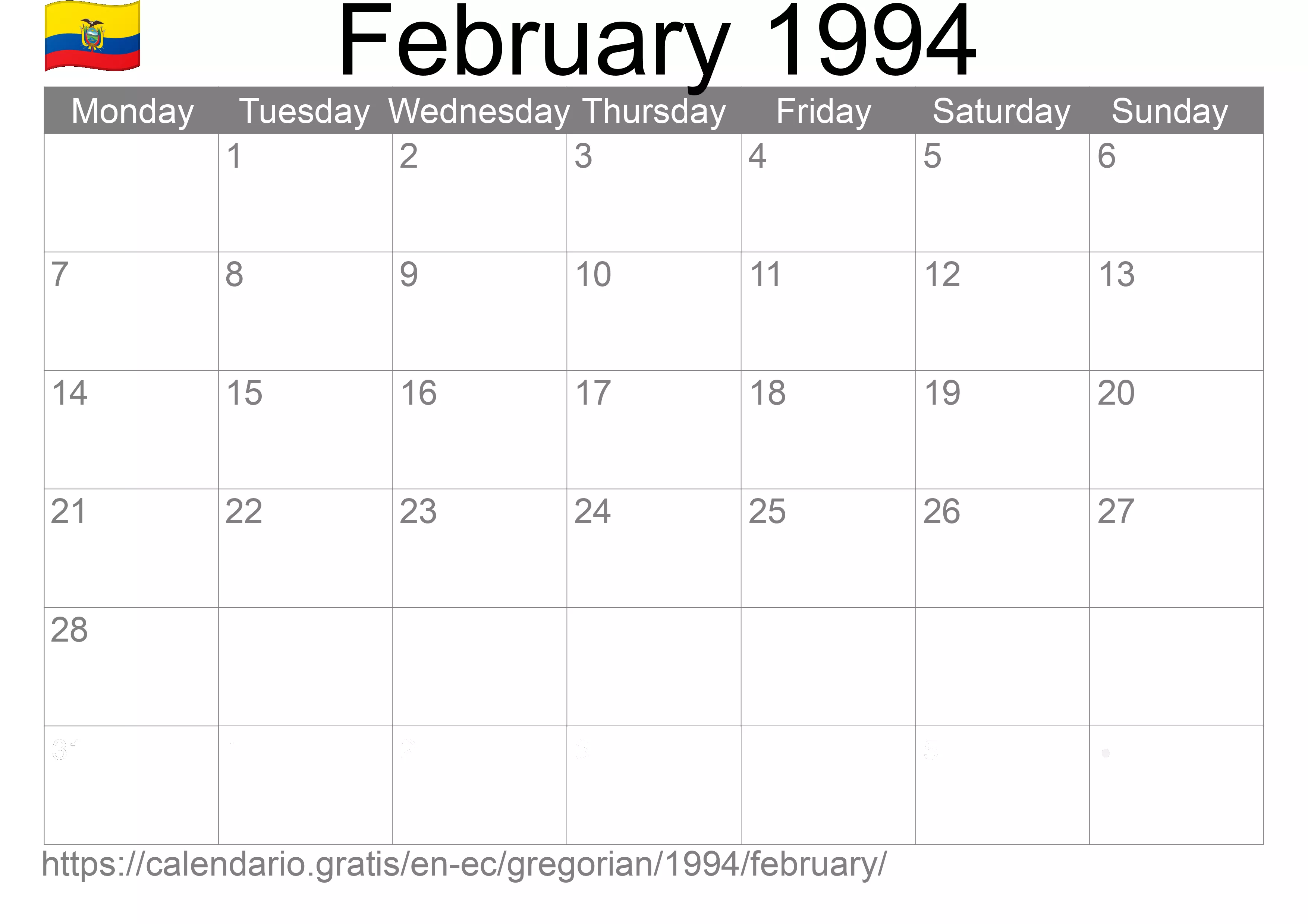 Calendar February 1994 to print (Ecuador)