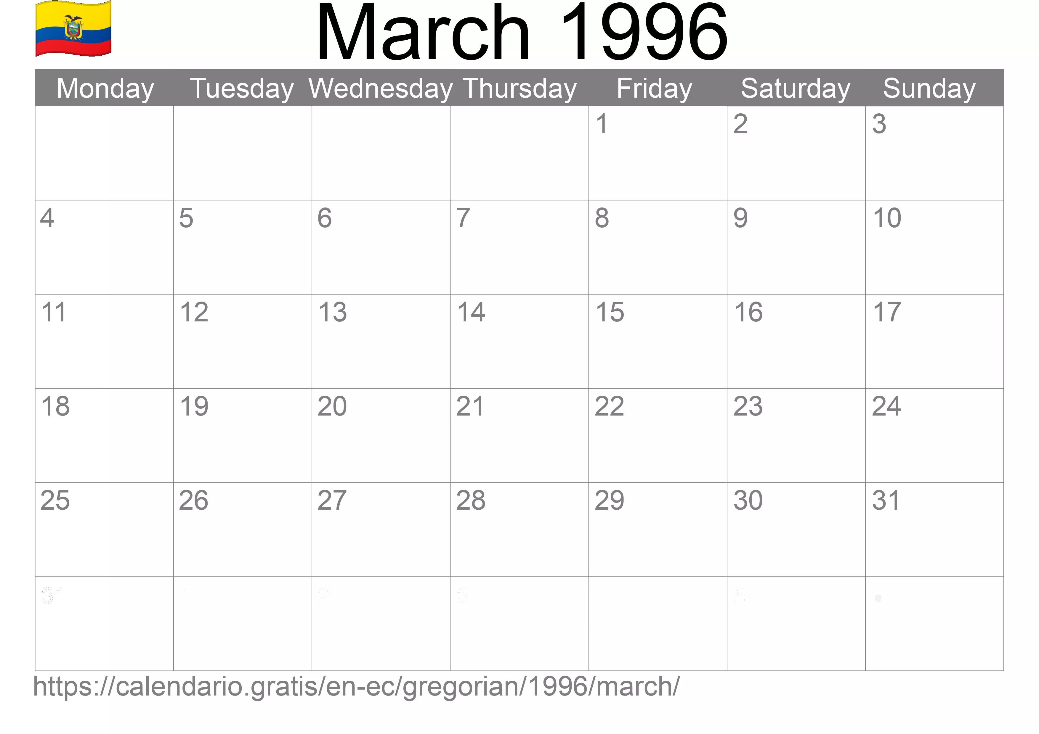 Calendar March 1996 to print (Ecuador) Calendar March 1996 to print (Ecuador)