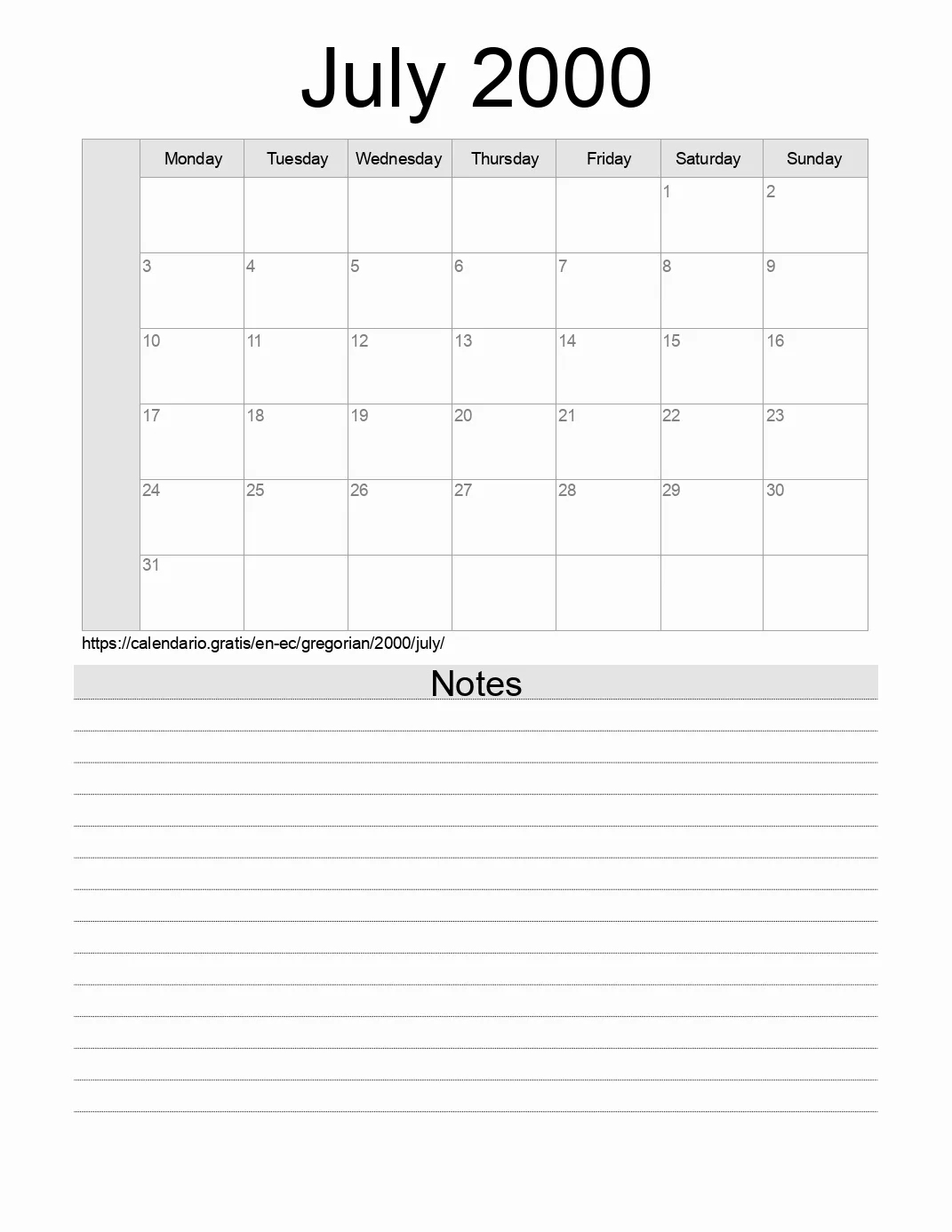 Calendar for printing with notes for 2000 July . (Ecuador) Calendar for printing with notes for 2000 July . (Ecuador)