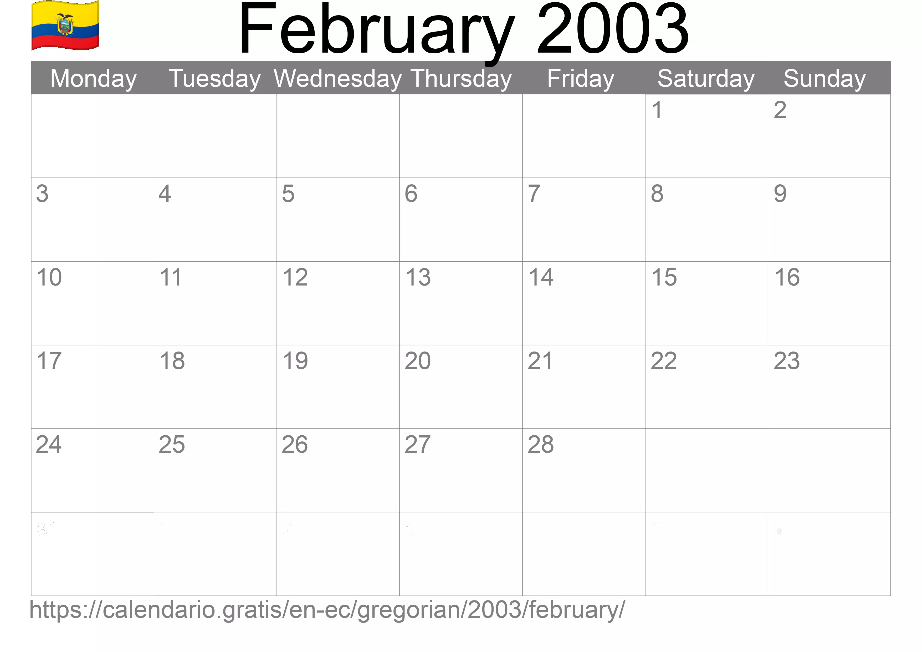 Calendar February 2003 to print (Ecuador) Calendar February 2003 to print (Ecuador)