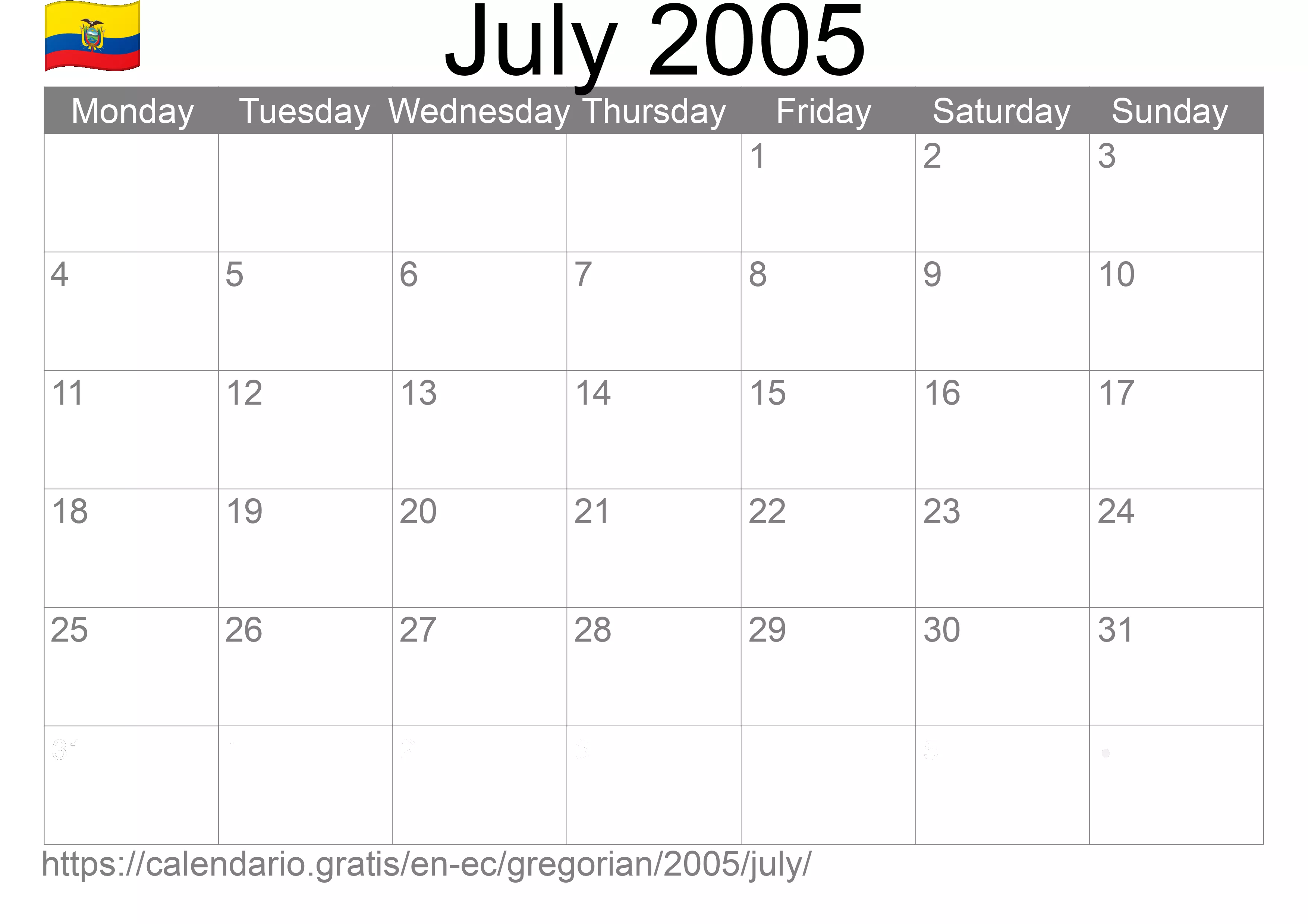 Calendar July 2005 to print (Ecuador)